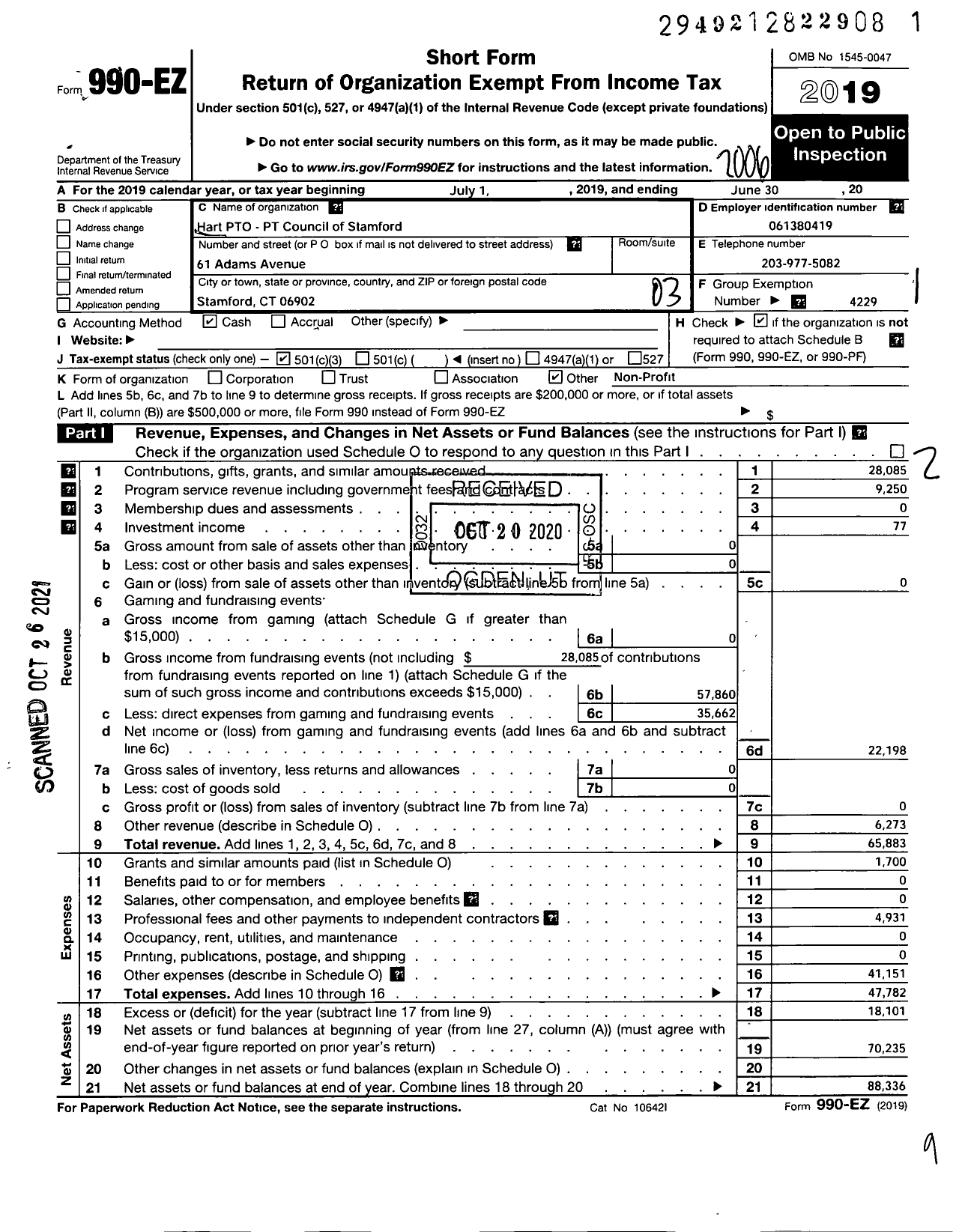 Image of first page of 2019 Form 990EZ for The Parent Teacher Council of Stamford / Hart School Pto