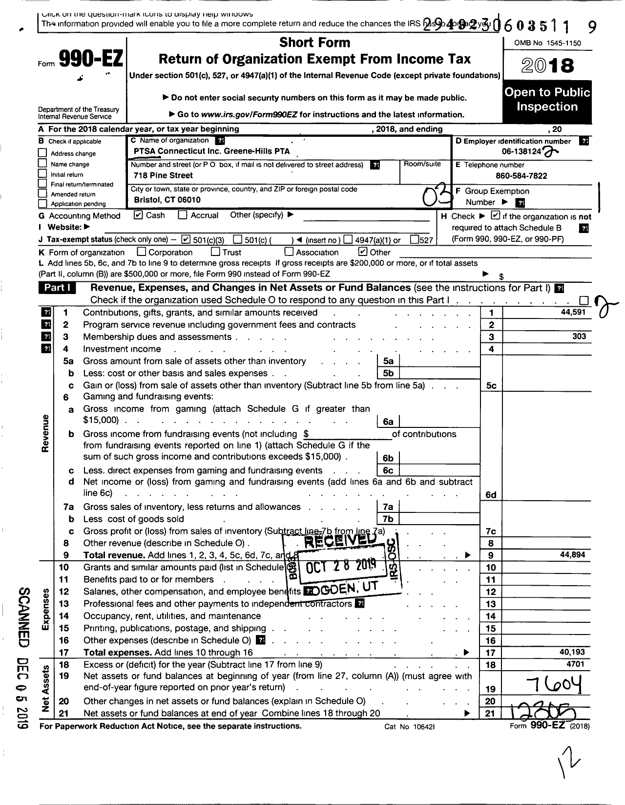 Image of first page of 2018 Form 990EZ for CT PTA - Greene Hills PTA