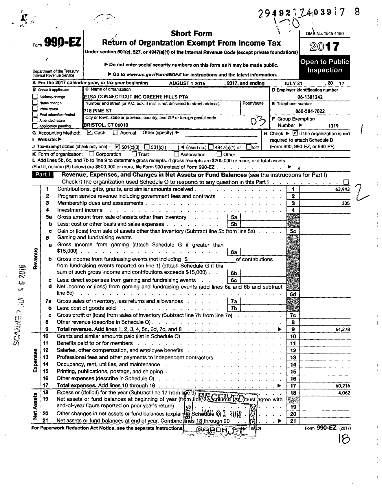 Image of first page of 2016 Form 990EZ for CT PTA - Greene Hills PTA