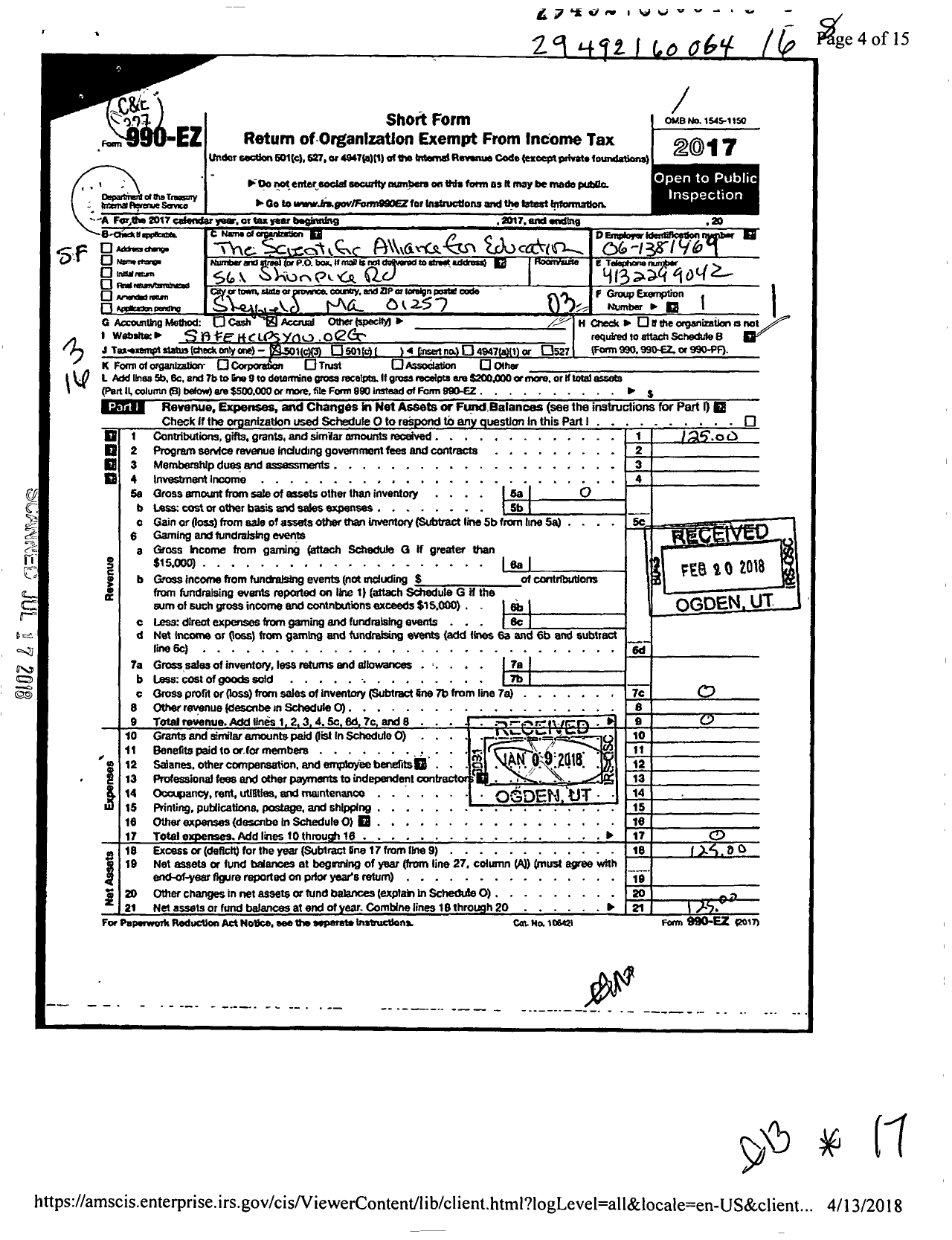 Image of first page of 2017 Form 990EZ for Scientific Alliance for Education