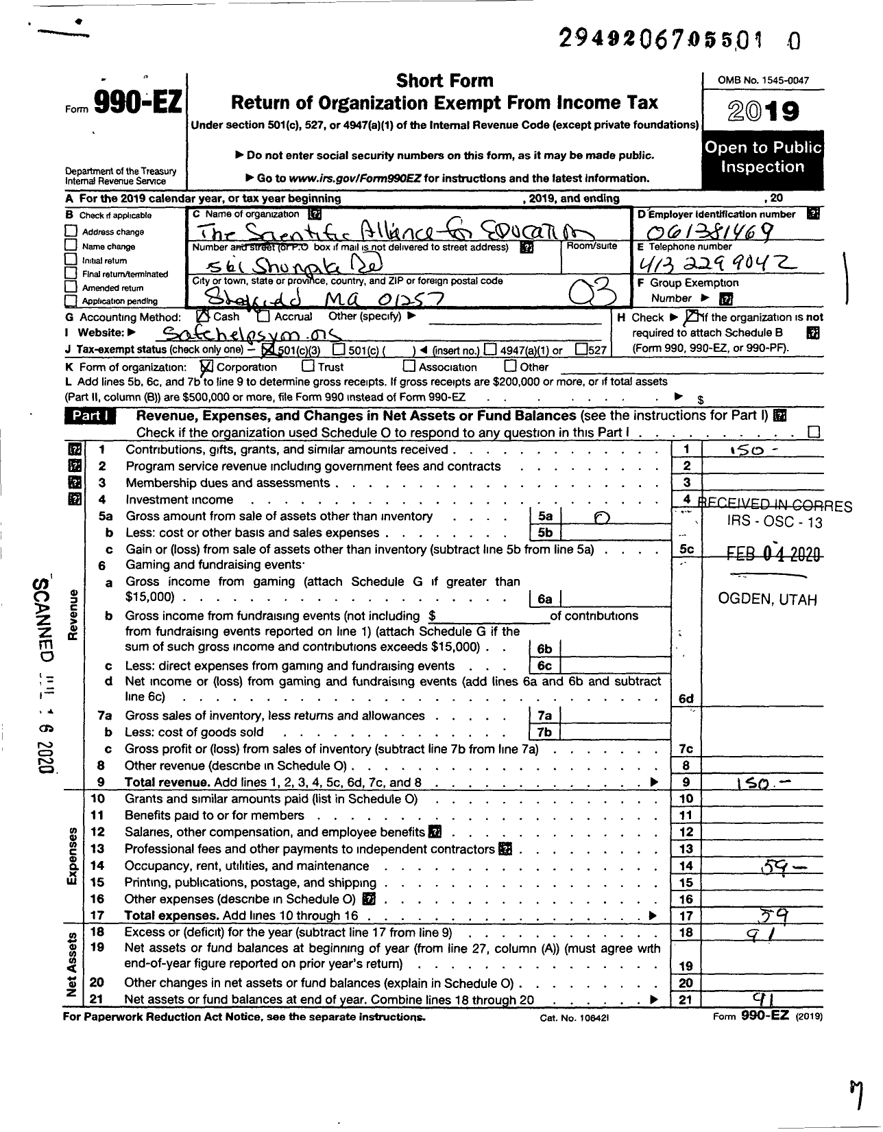 Image of first page of 2019 Form 990EZ for Scientific Alliance for Education