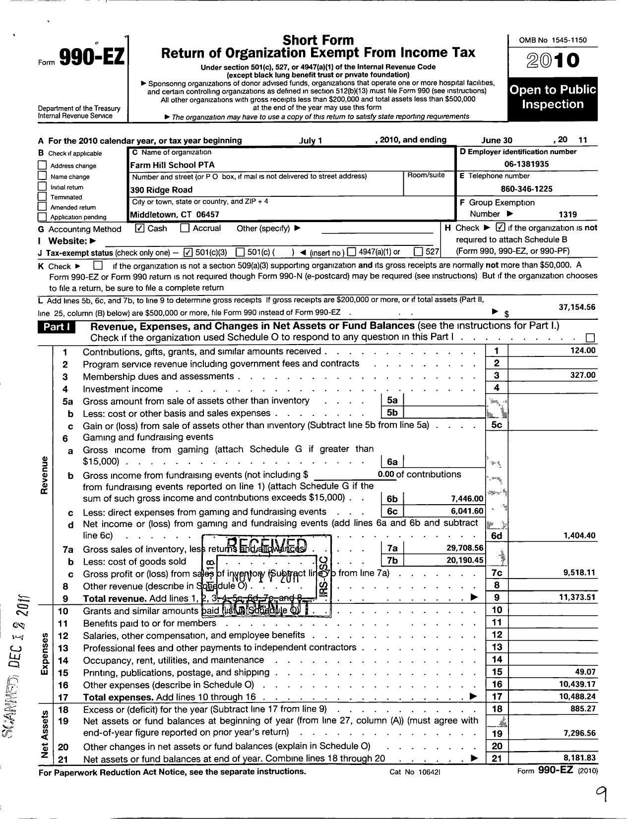 Image of first page of 2010 Form 990EZ for CT PTA - Farm Hill School PTA