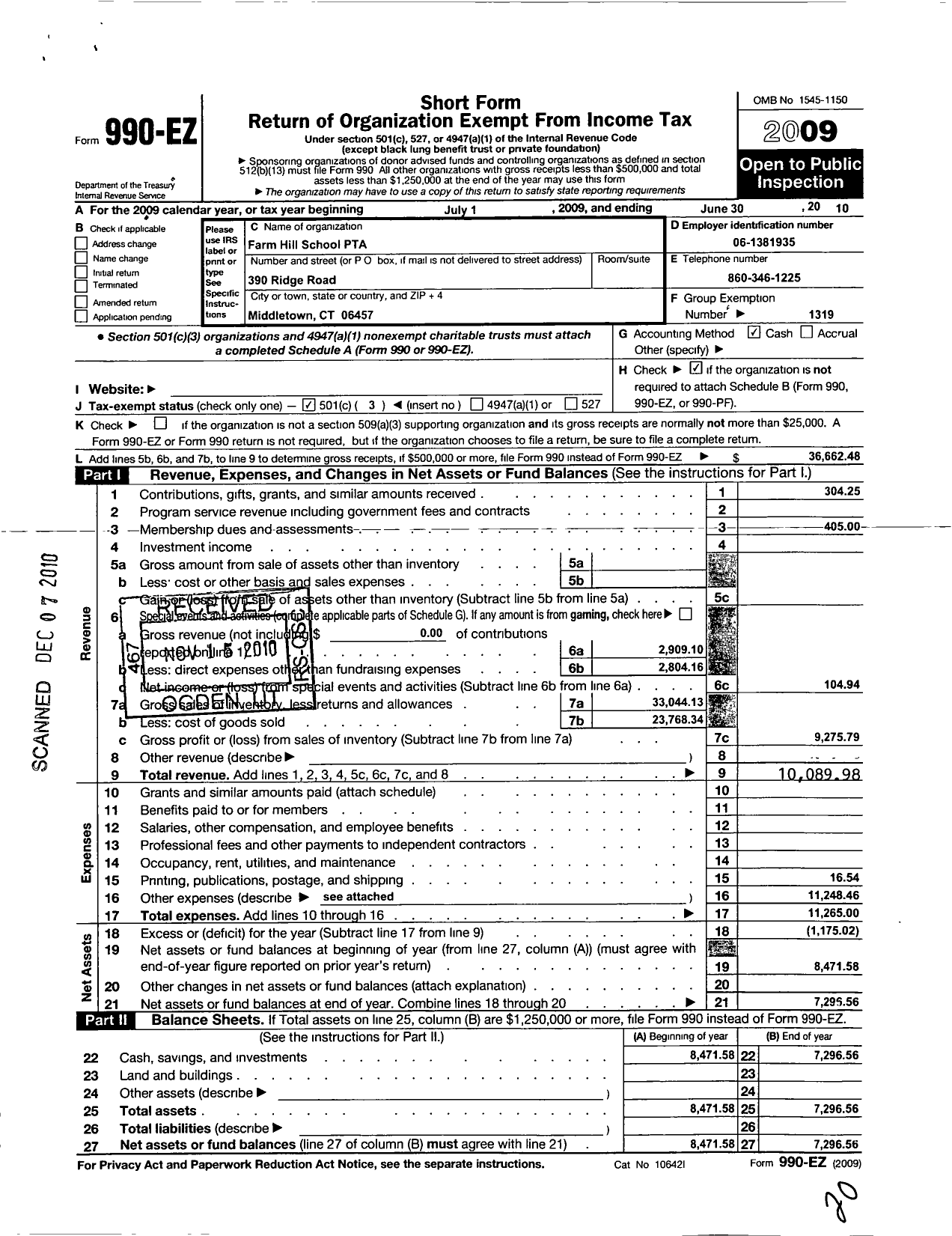 Image of first page of 2009 Form 990EZ for CT PTA - Farm Hill School PTA