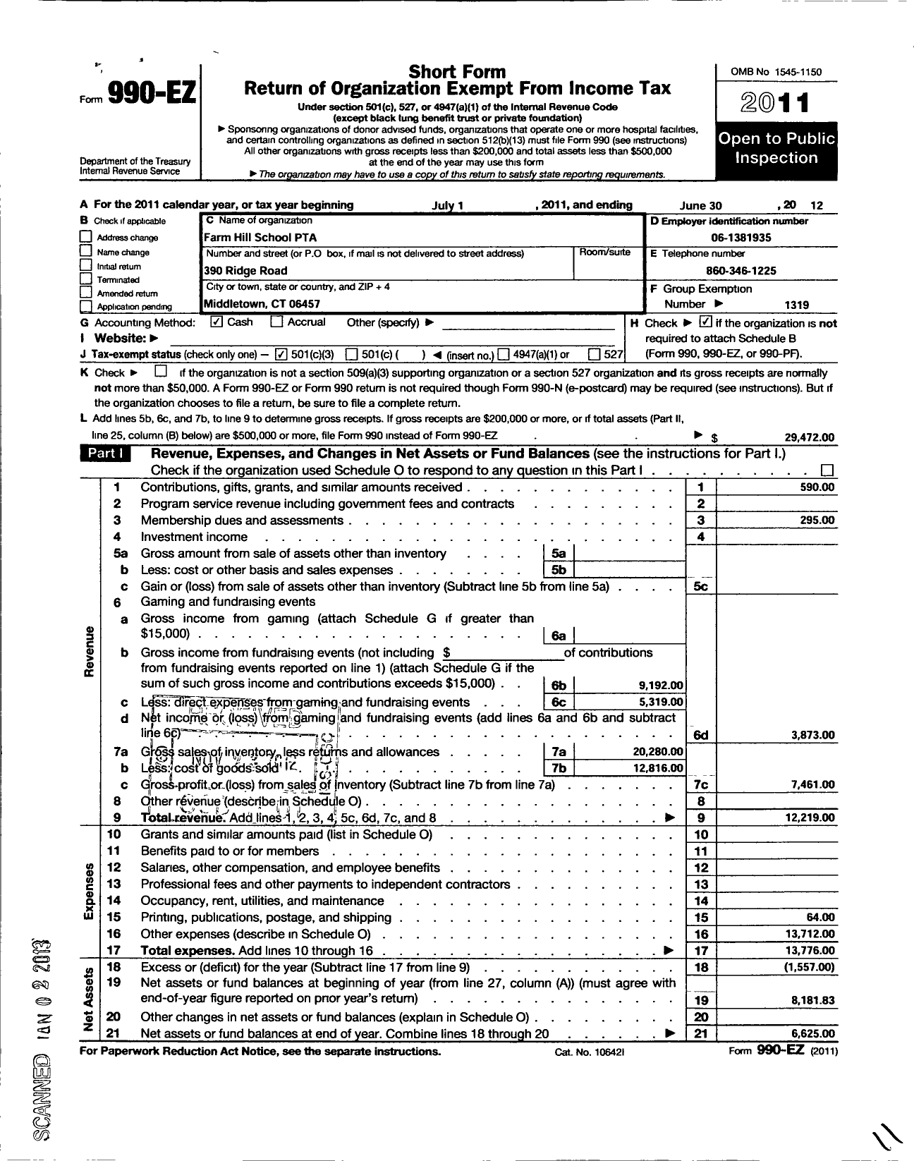 Image of first page of 2011 Form 990EZ for CT PTA - Farm Hill School PTA