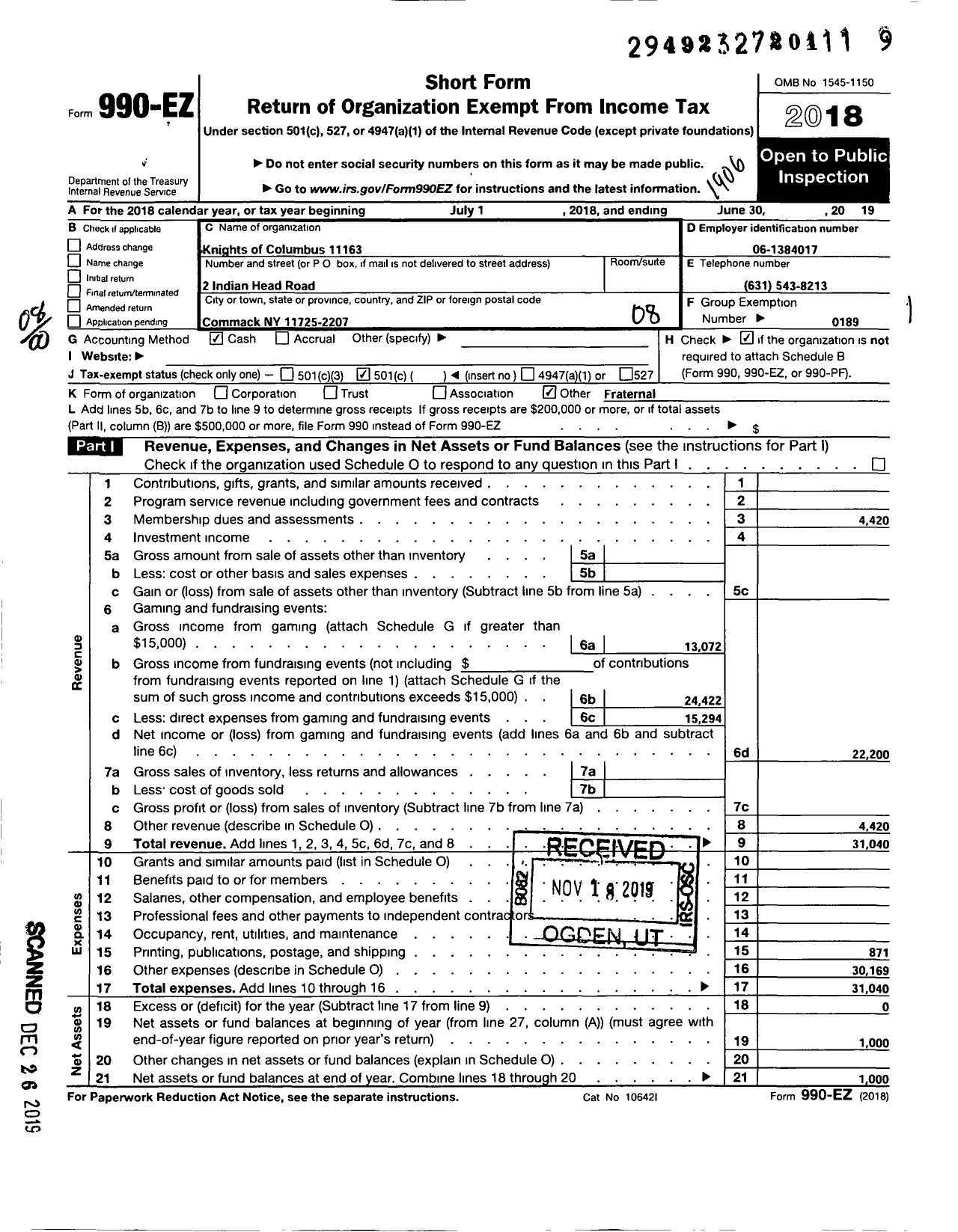 Image of first page of 2018 Form 990EO for Knights of Columbus - 11163 FR Anthony J Foley