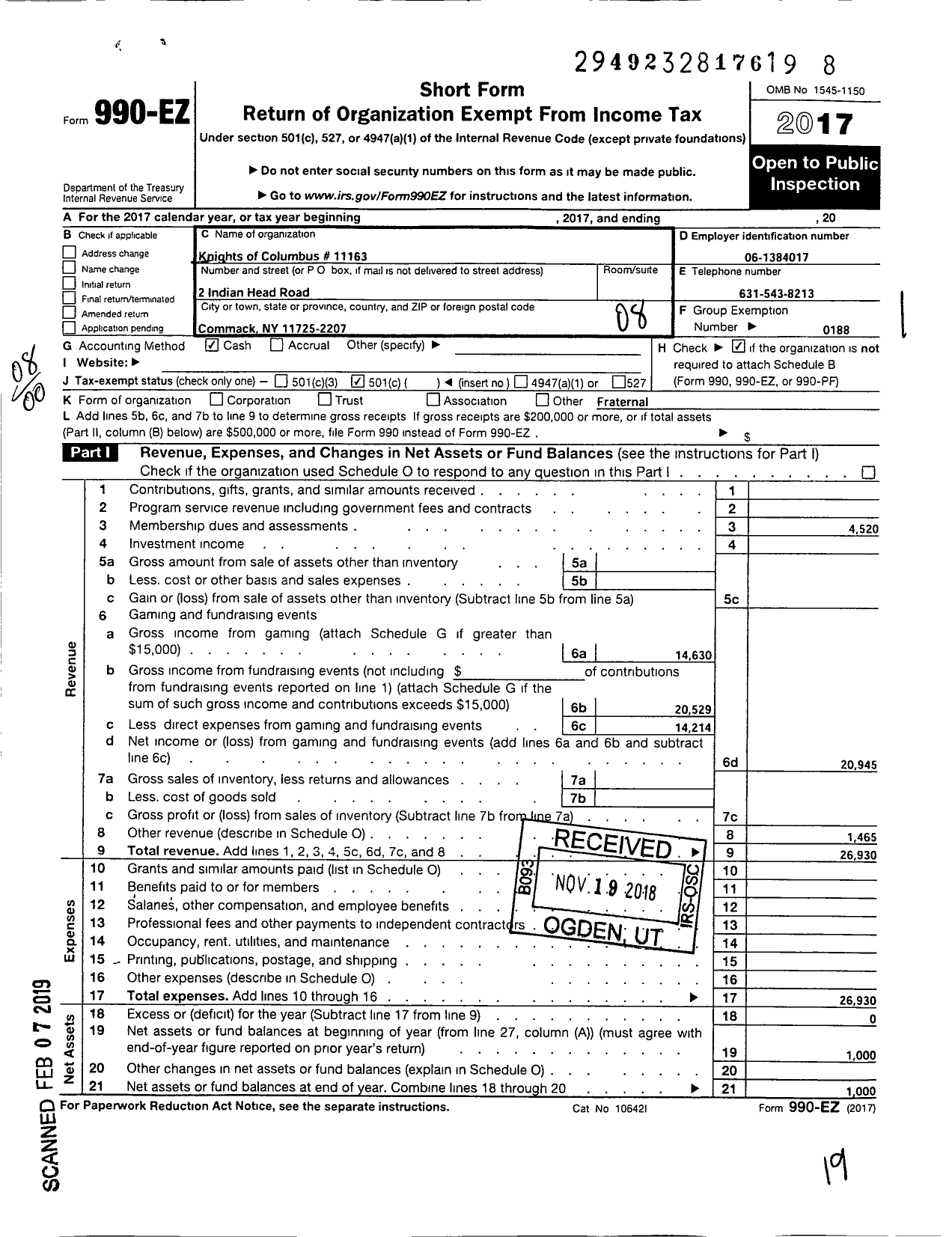 Image of first page of 2017 Form 990EO for Knights of Columbus - 11163 FR Anthony J Foley