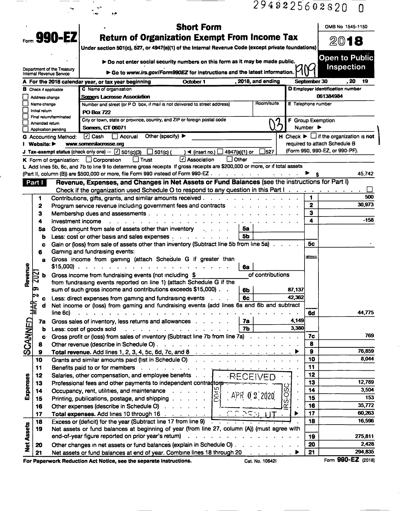 Image of first page of 2018 Form 990EZ for Somers Lacrosse Association