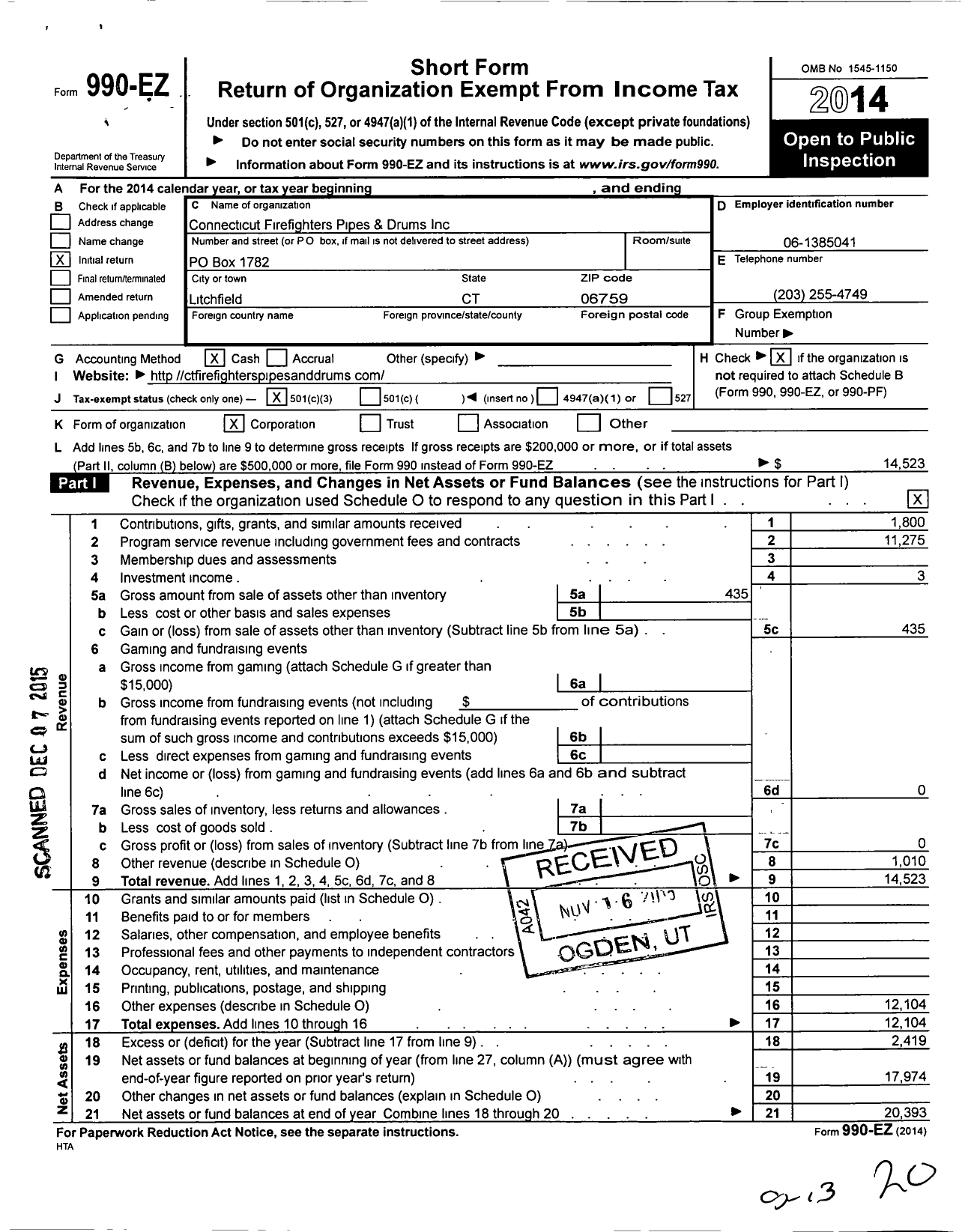 Image of first page of 2014 Form 990EZ for Connecticut Firefighters Pipes and Drums