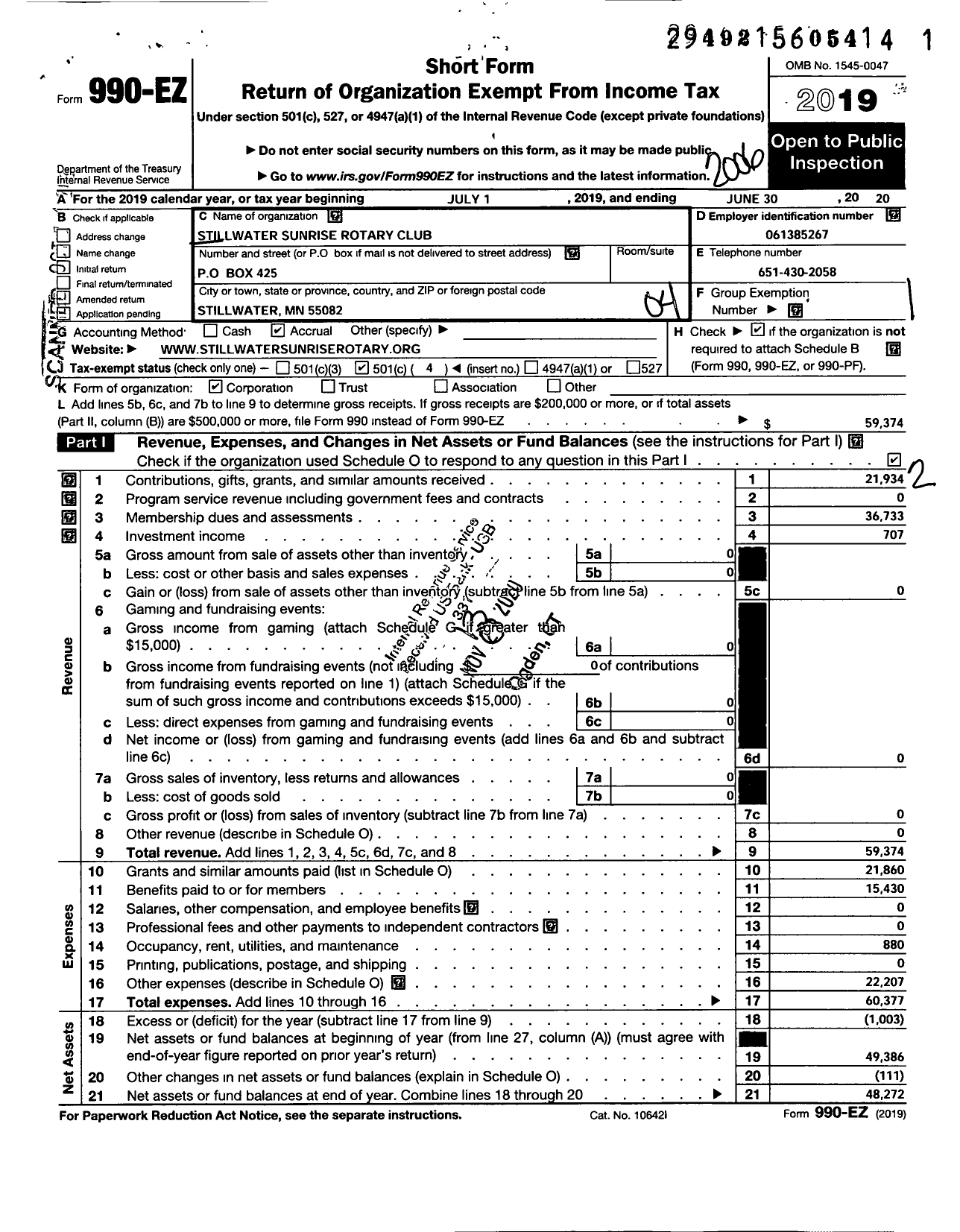 Image of first page of 2019 Form 990EO for Rotary International - Stillwater Sunrise