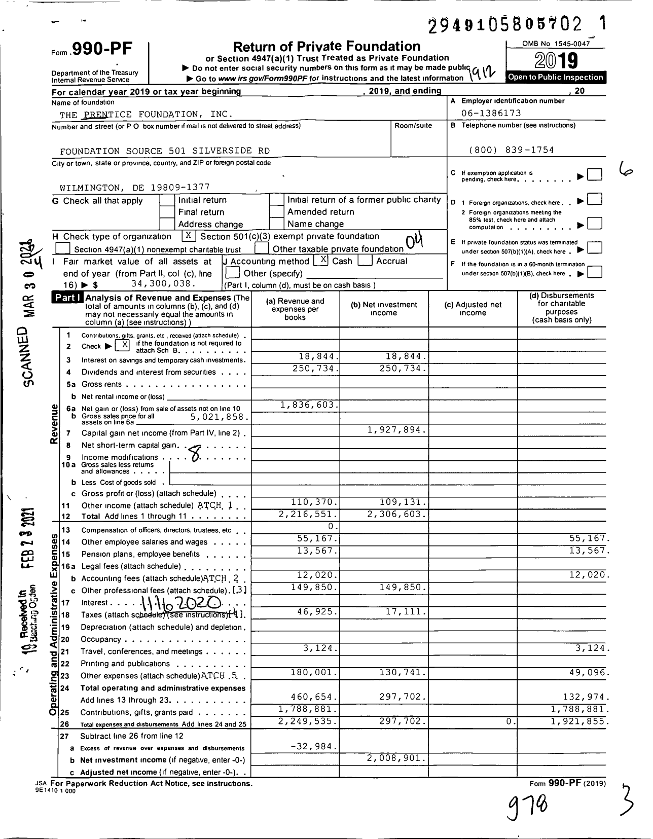 Image of first page of 2019 Form 990PF for The Prentice Foundation