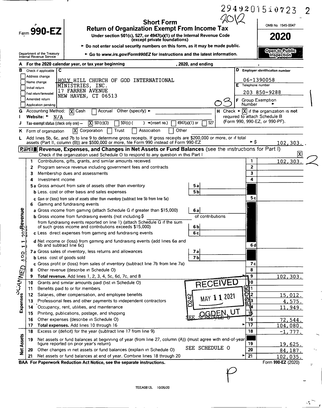 Image of first page of 2020 Form 990EZ for Holy Hill Church of God International Ministries