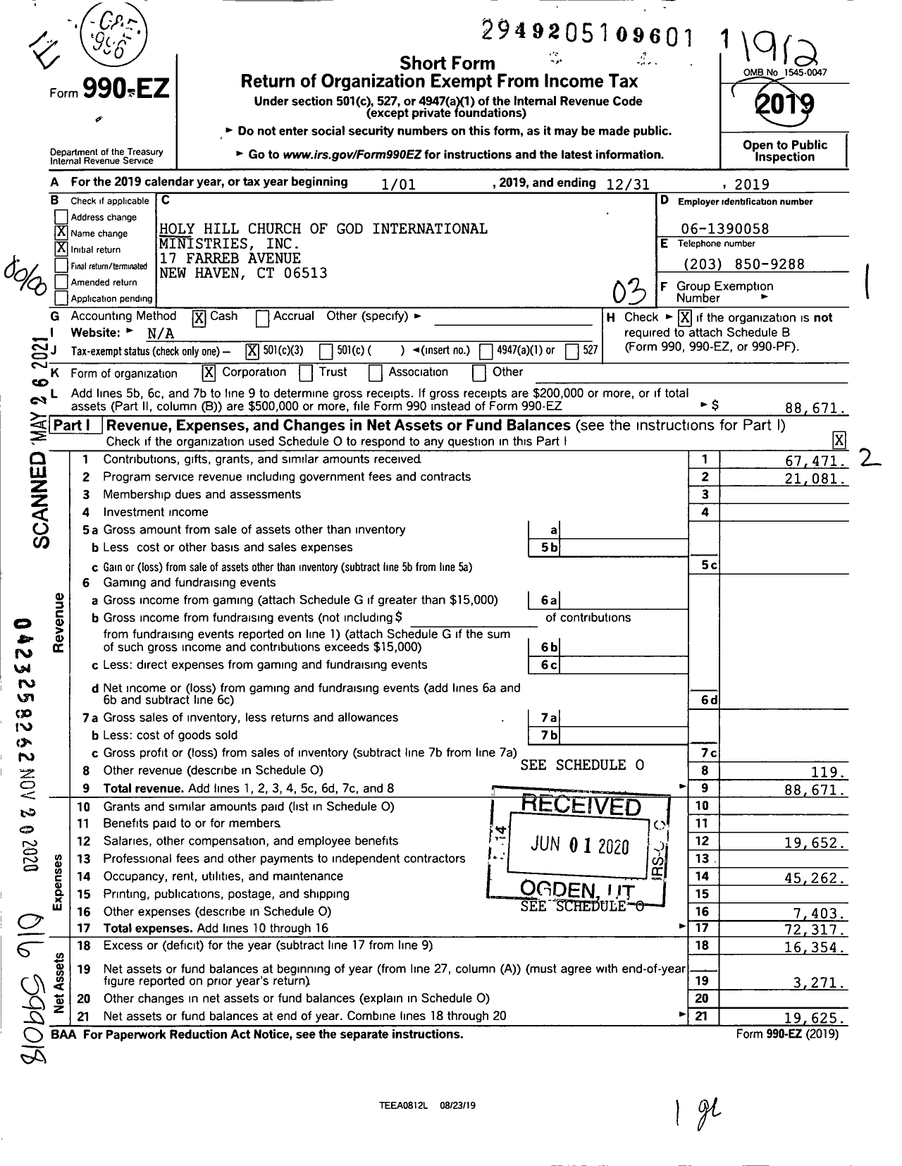 Image of first page of 2019 Form 990EO for Holy Hill Church of God International Ministries