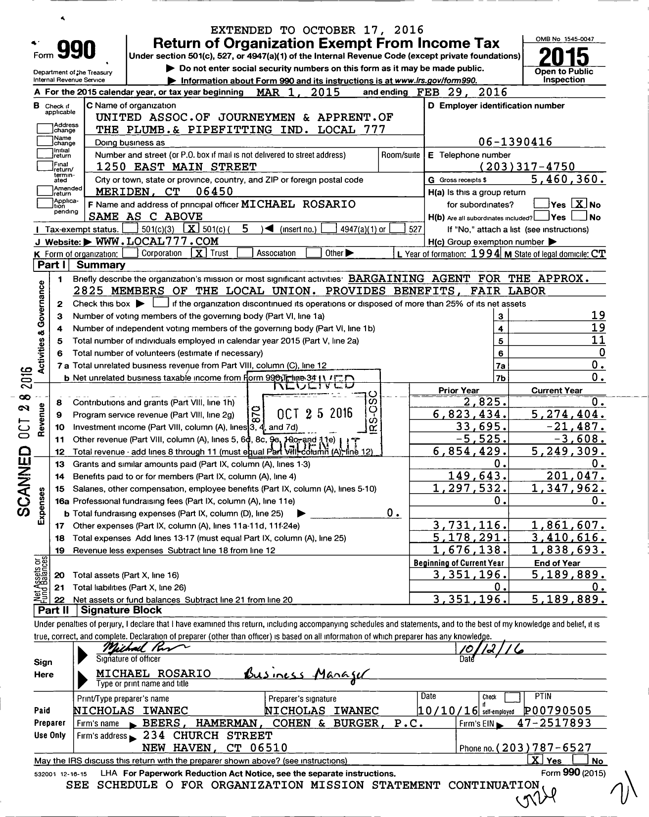 Image of first page of 2015 Form 990O for United Association - Local 777