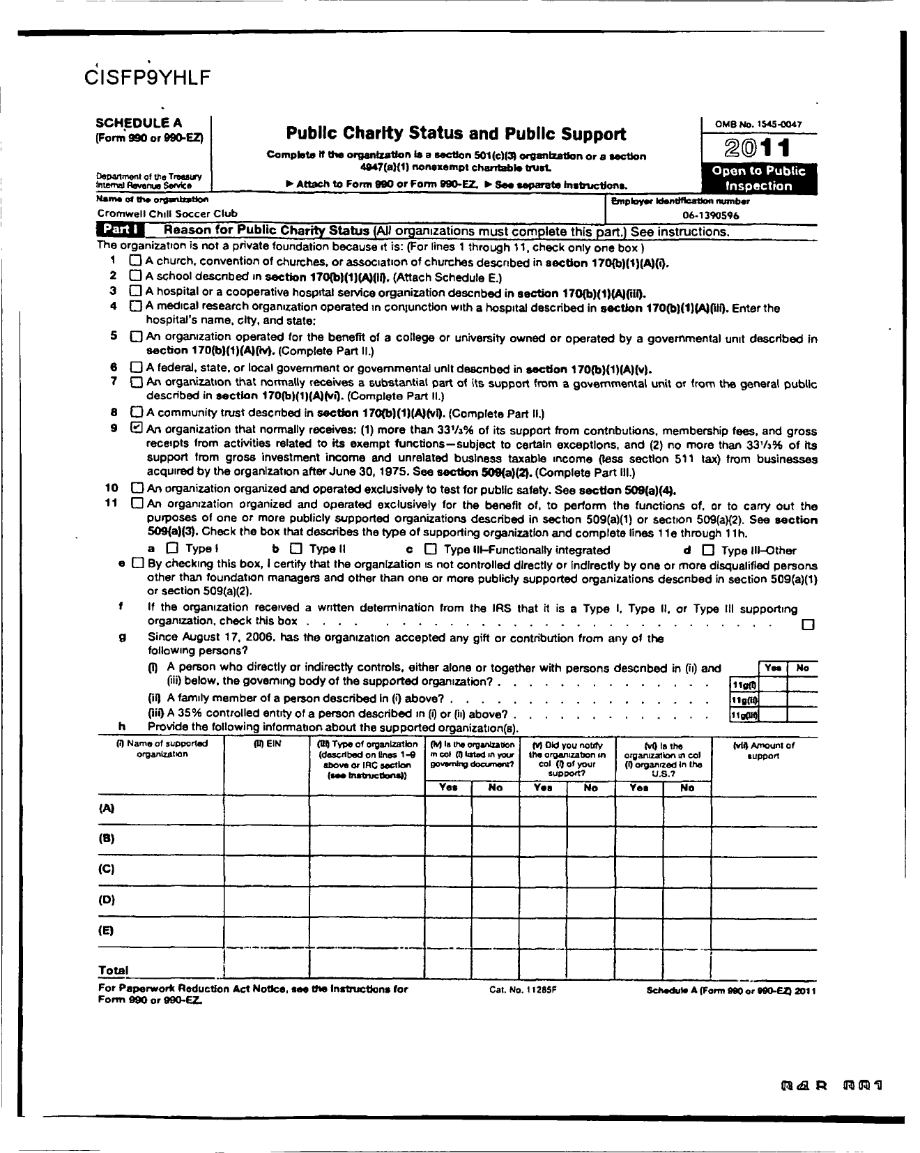 Image of first page of 2011 Form 990ER for Cromwell Chill Soccer Club