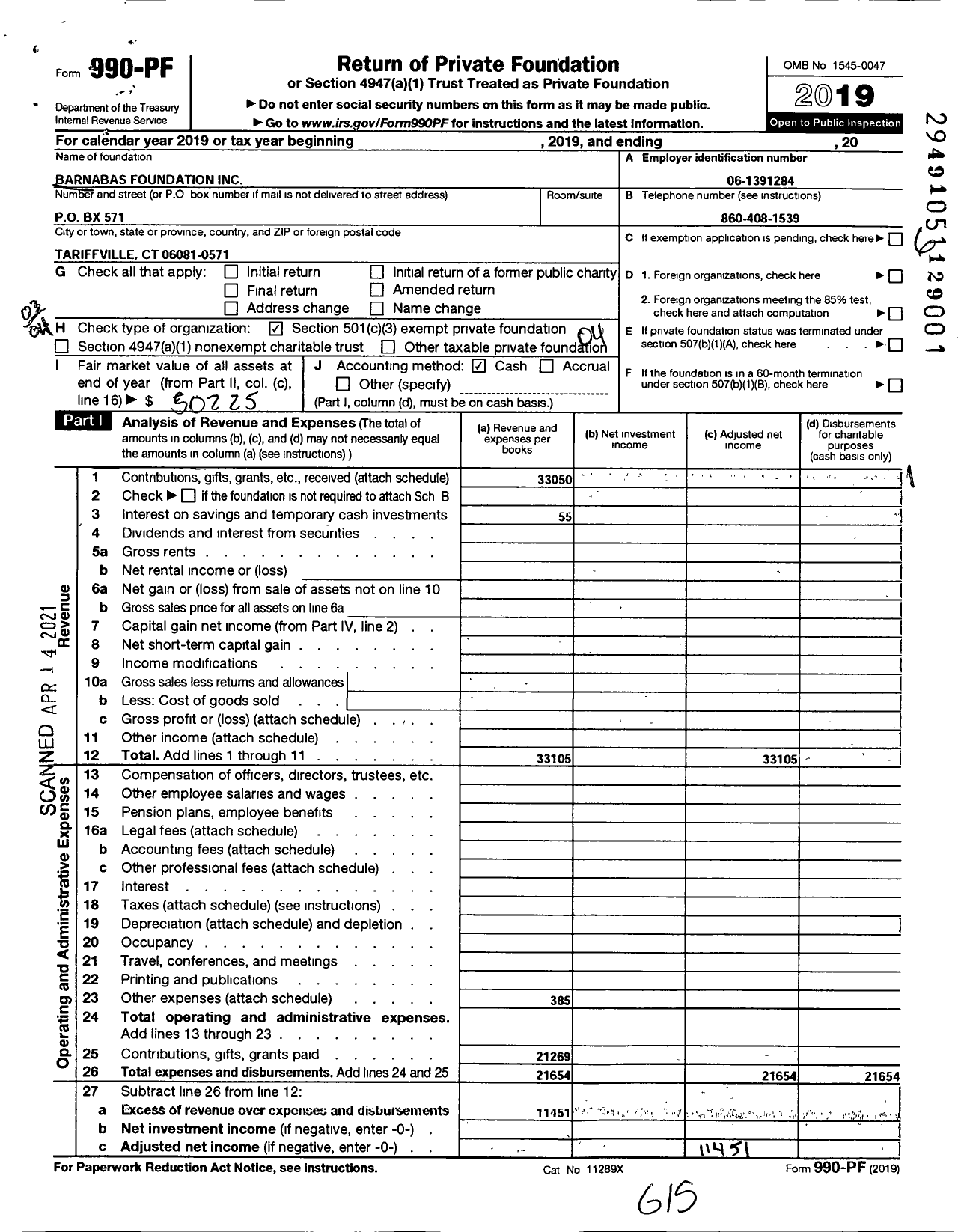 Image of first page of 2019 Form 990PF for Barnabas Foundation