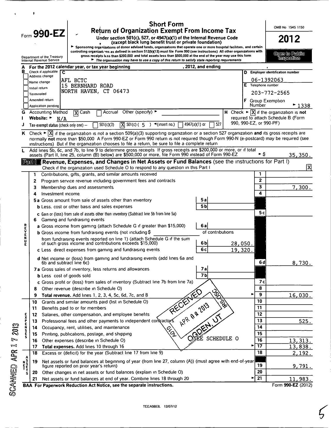 Image of first page of 2012 Form 990EO for AFL-CIO - BCT Fairfield County