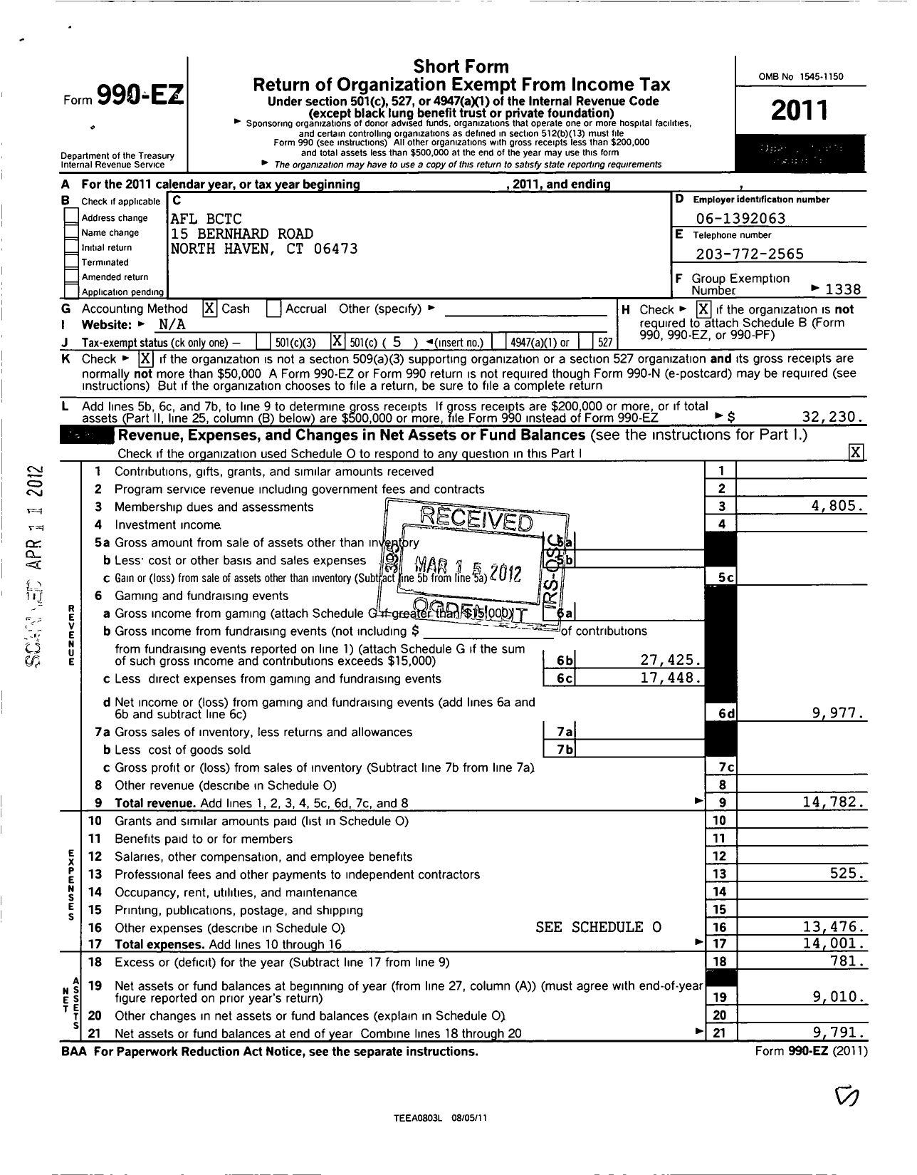 Image of first page of 2011 Form 990EO for AFL-CIO - BCT Fairfield County