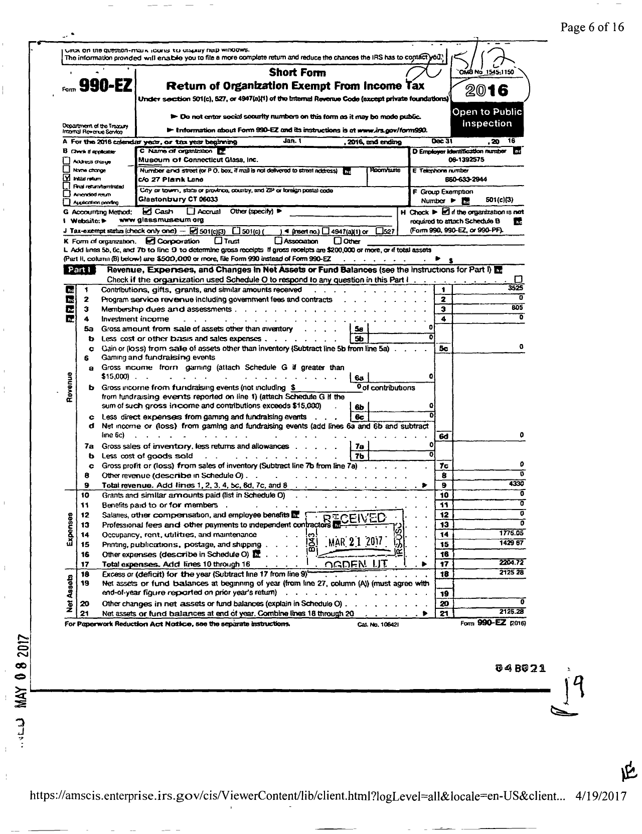 Image of first page of 2015 Form 990EZ for Museum of Connecticut Glass