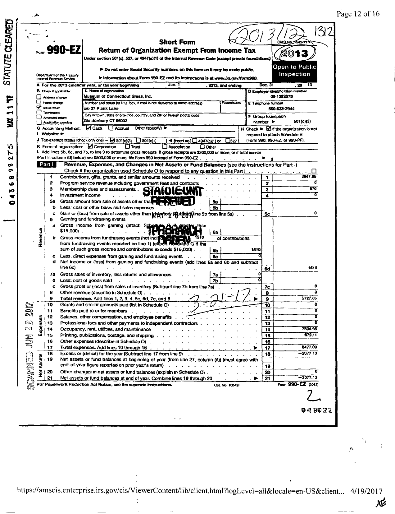 Image of first page of 2013 Form 990EZ for Museum of Connecticut Glass