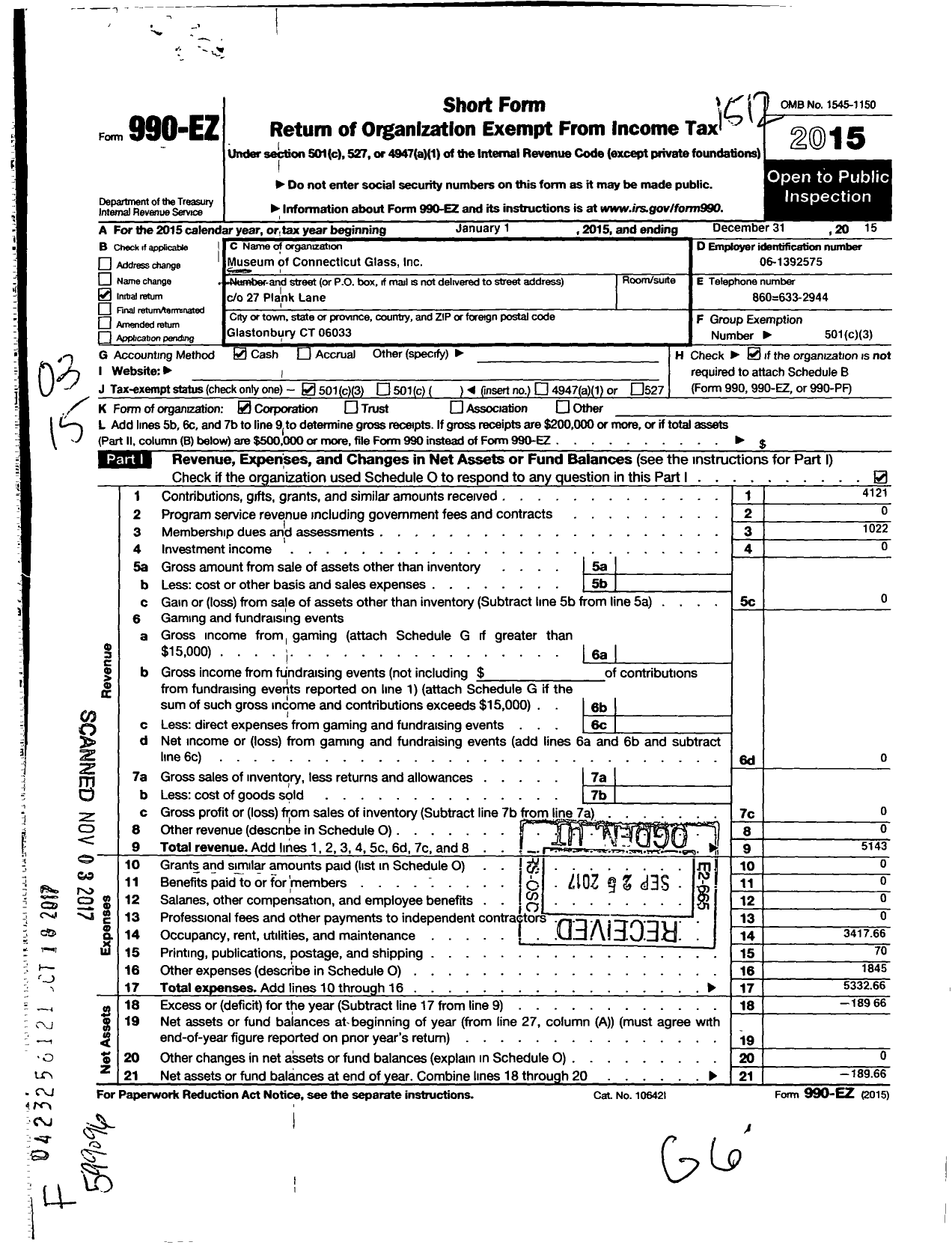 Image of first page of 2015 Form 990EZ for Museum of Connecticut Glass