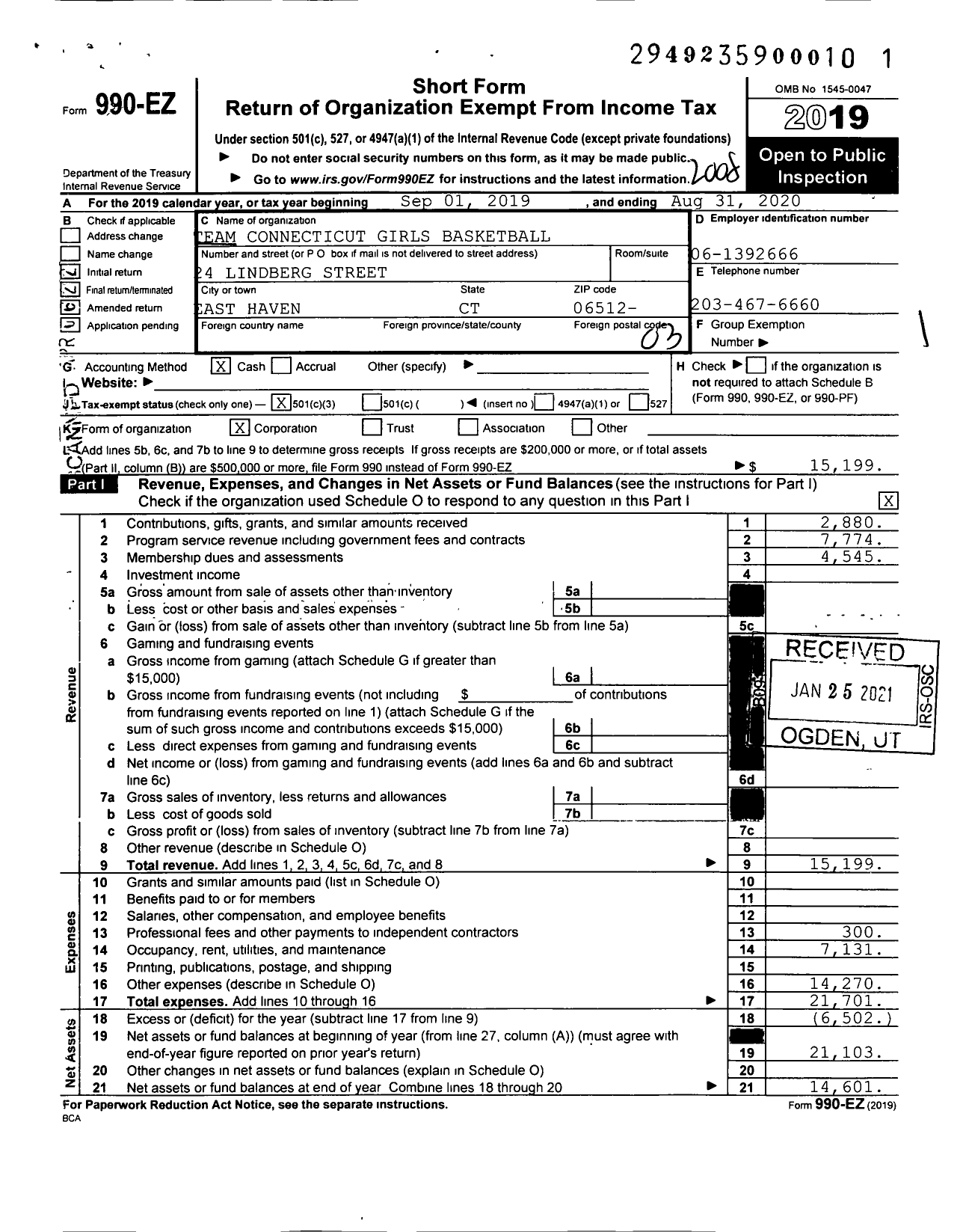 Image of first page of 2019 Form 990EZ for Team Connecticut Girls Basketball