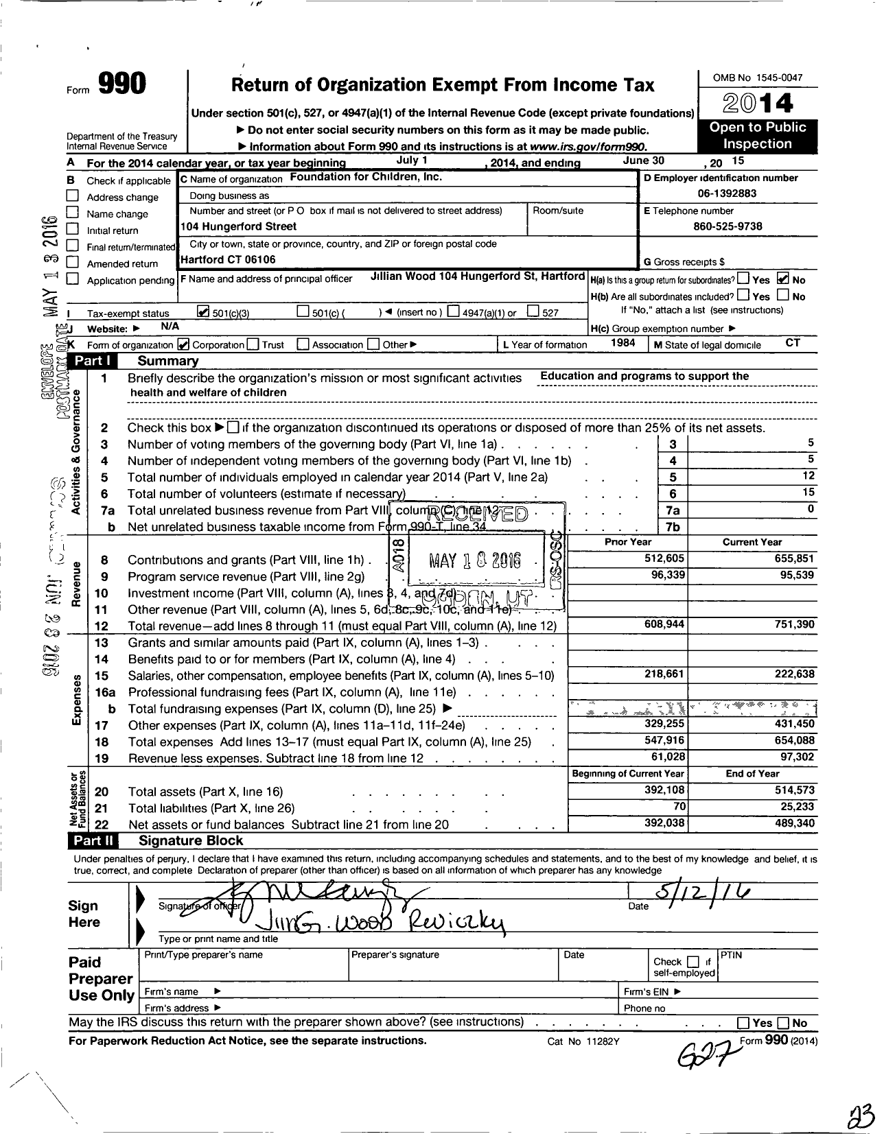 Image of first page of 2014 Form 990 for Foundation for Children