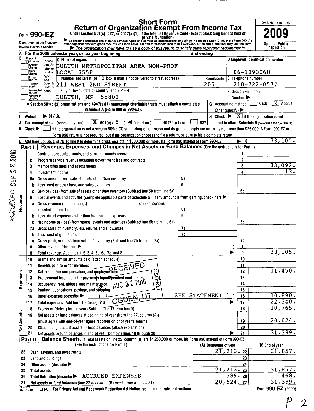 Image of first page of 2009 Form 990EO for American Federation of State County & Municipal Employees - L3558MN Womens Coalition Employees