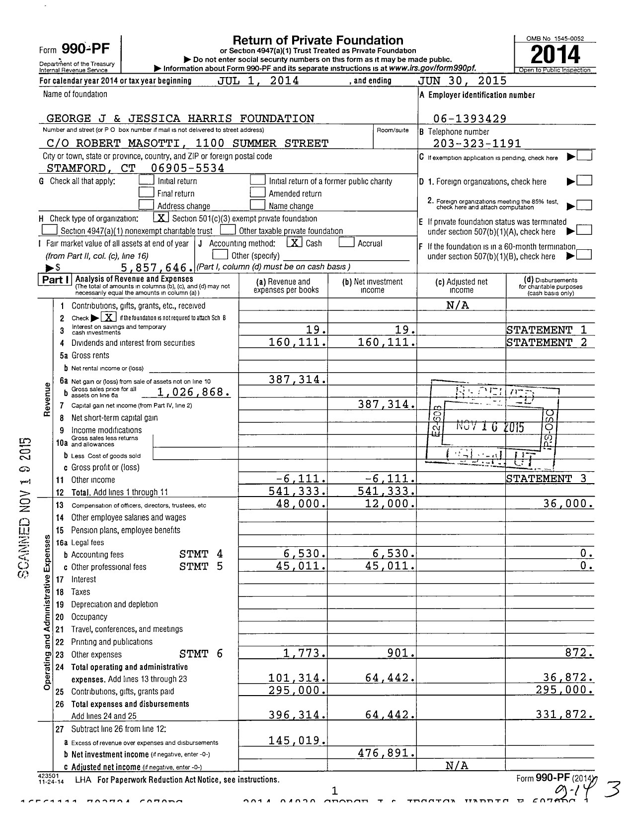 Image of first page of 2014 Form 990PF for George J and Jessica Harris Foundation