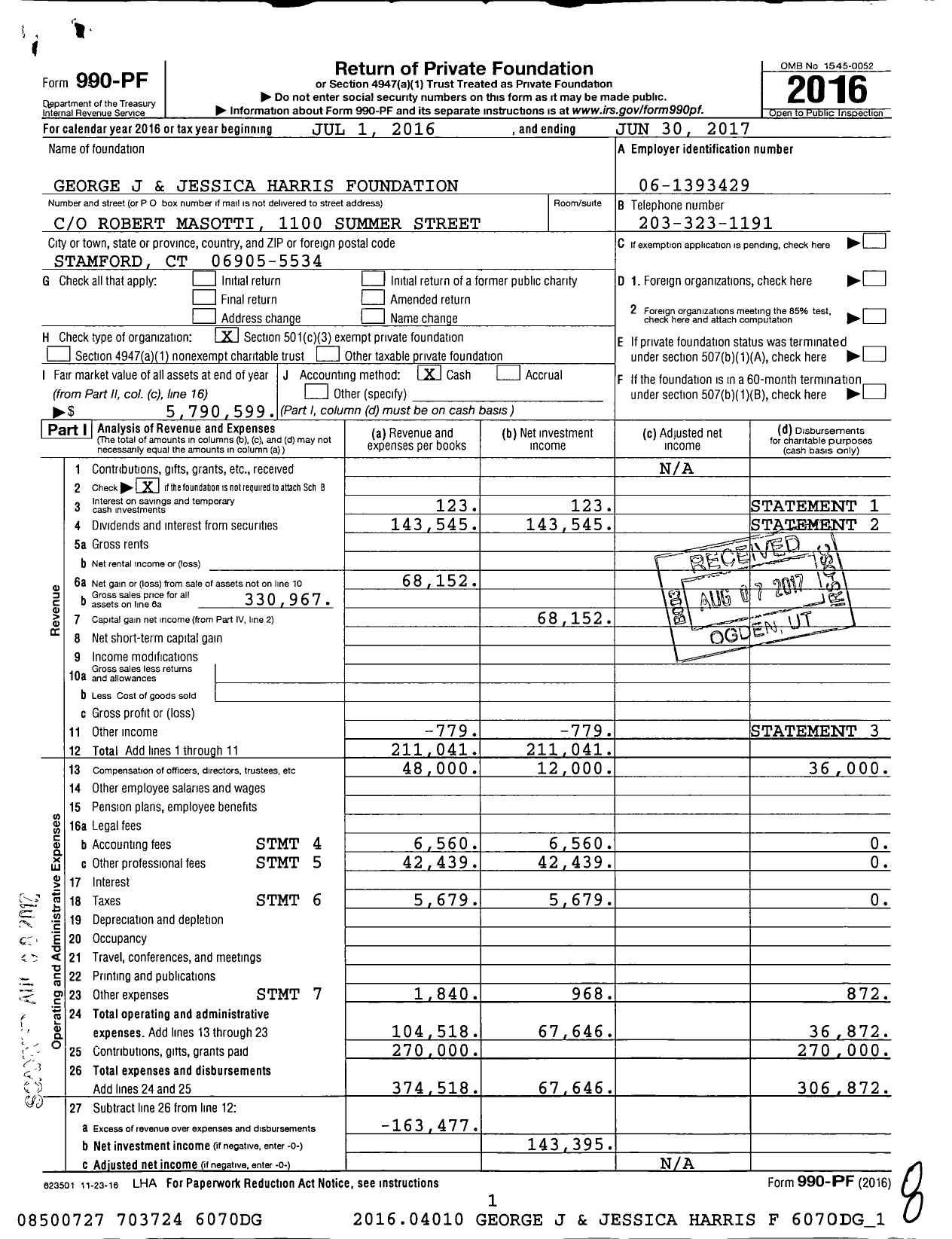 Image of first page of 2016 Form 990PF for George J and Jessica Harris Foundation