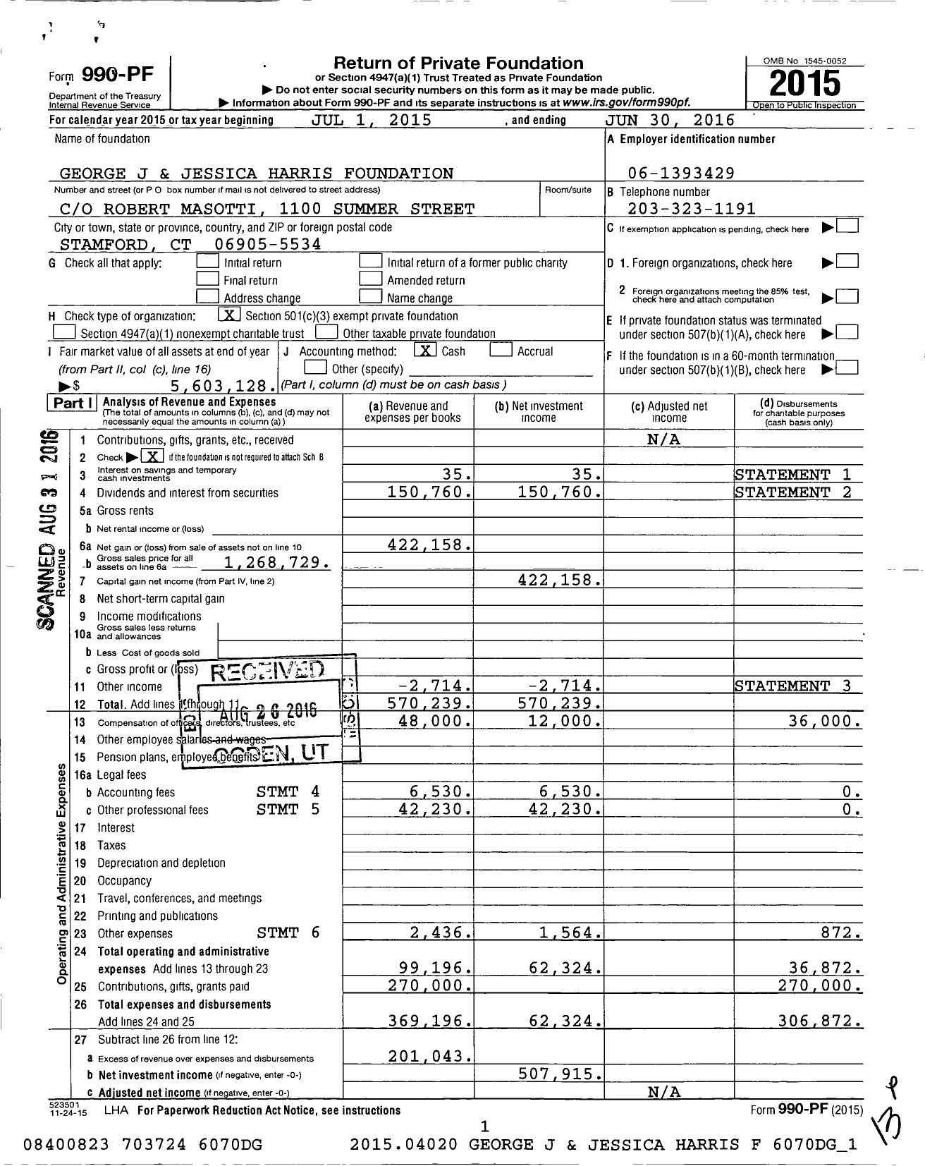 Image of first page of 2015 Form 990PF for George J and Jessica Harris Foundation