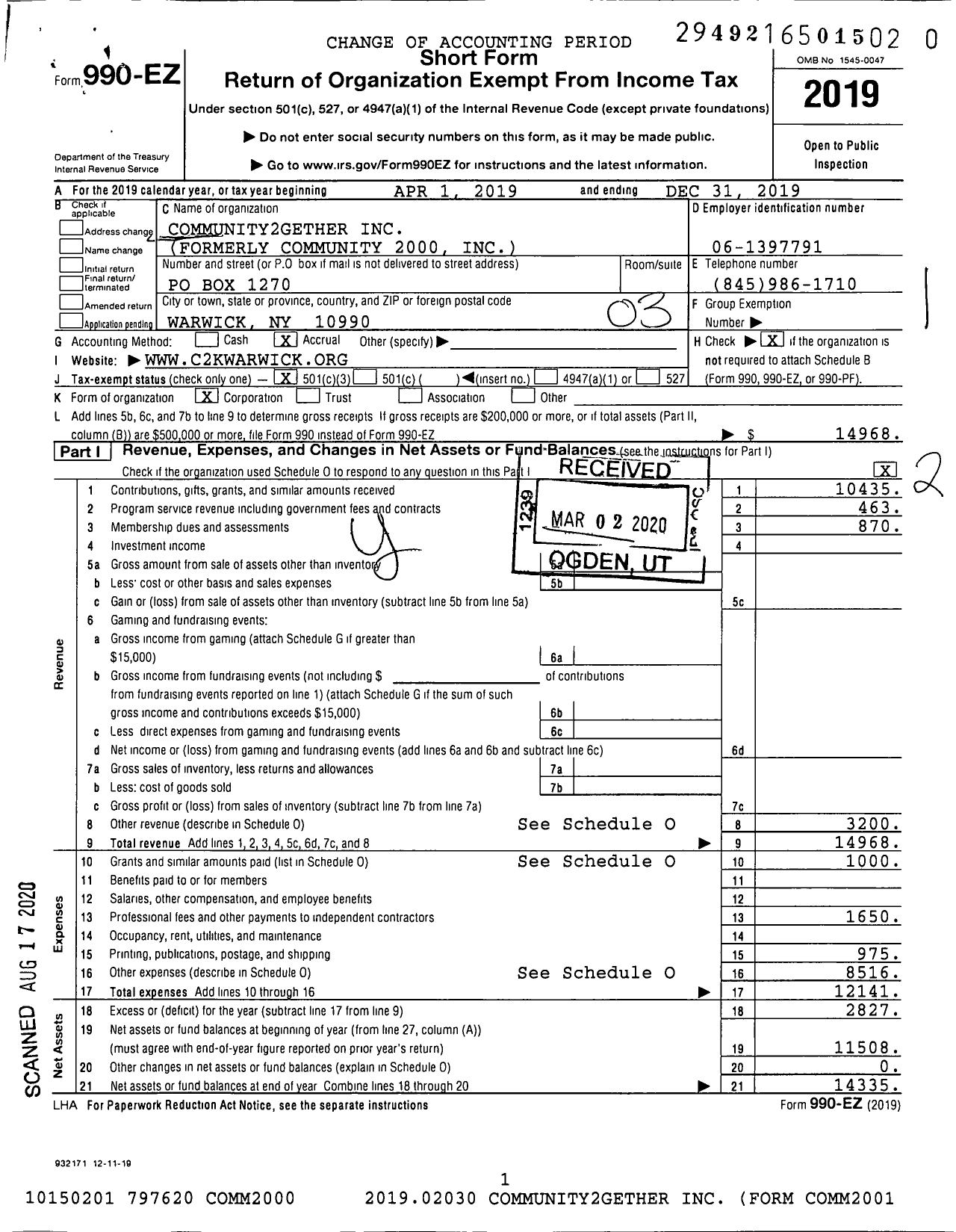 Image of first page of 2019 Form 990EZ for Community2gether