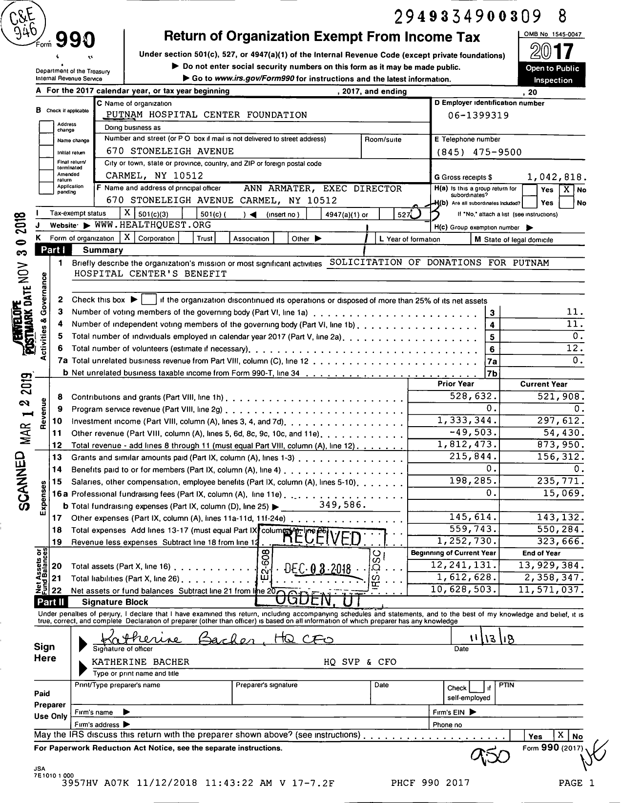 Image of first page of 2017 Form 990 for Putnam Hospital Center Foundation