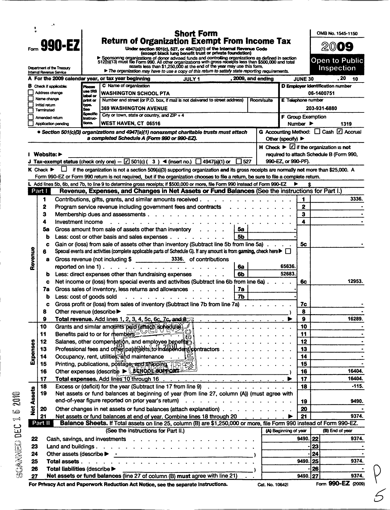 Image of first page of 2009 Form 990EZ for CT PTA - Washington Elementary School PTA