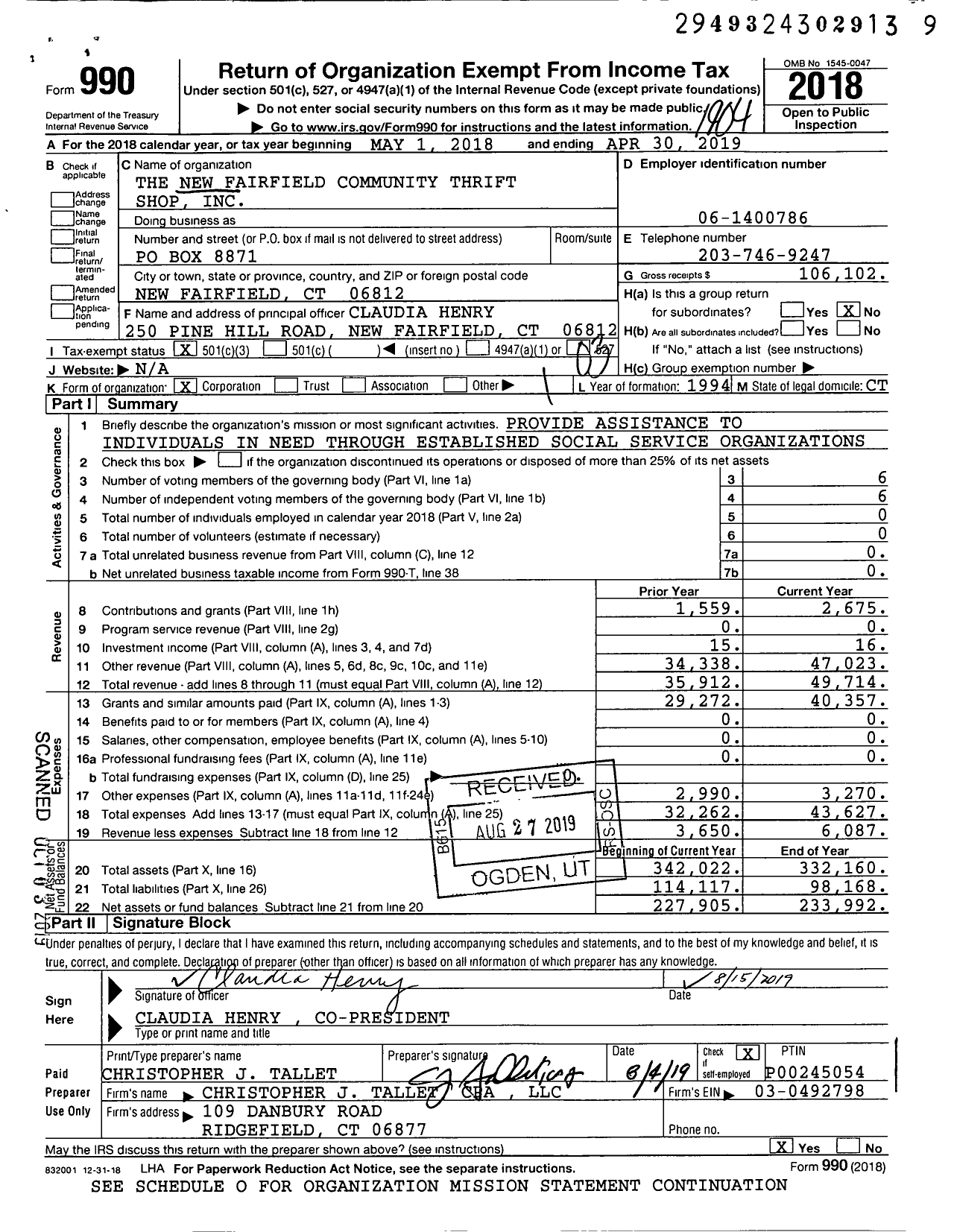 Image of first page of 2018 Form 990 for The New Fairfield Community Thrift Shop