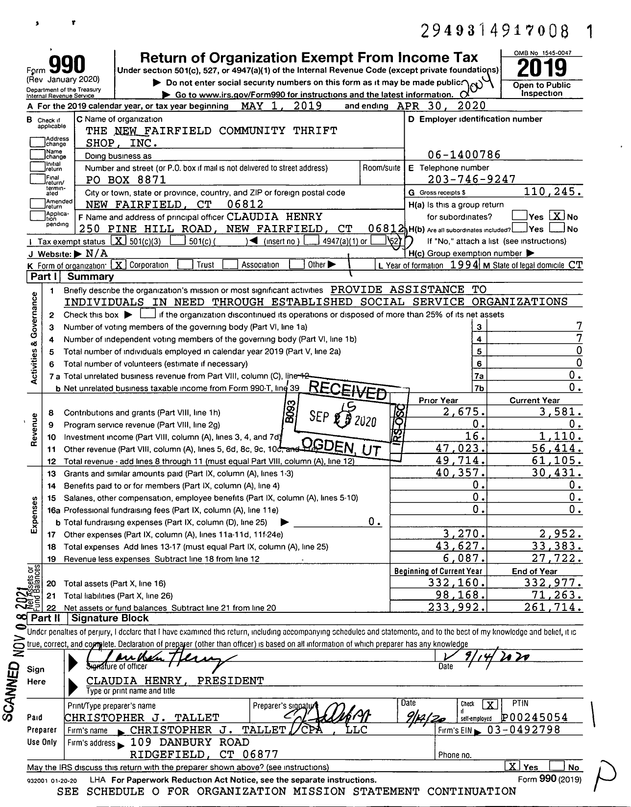 Image of first page of 2019 Form 990 for The New Fairfield Community Thrift Shop