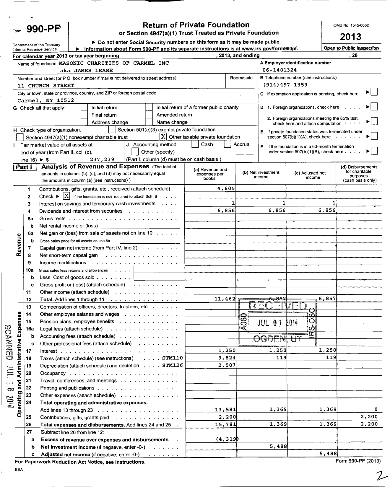 Image of first page of 2013 Form 990PF for James Lease