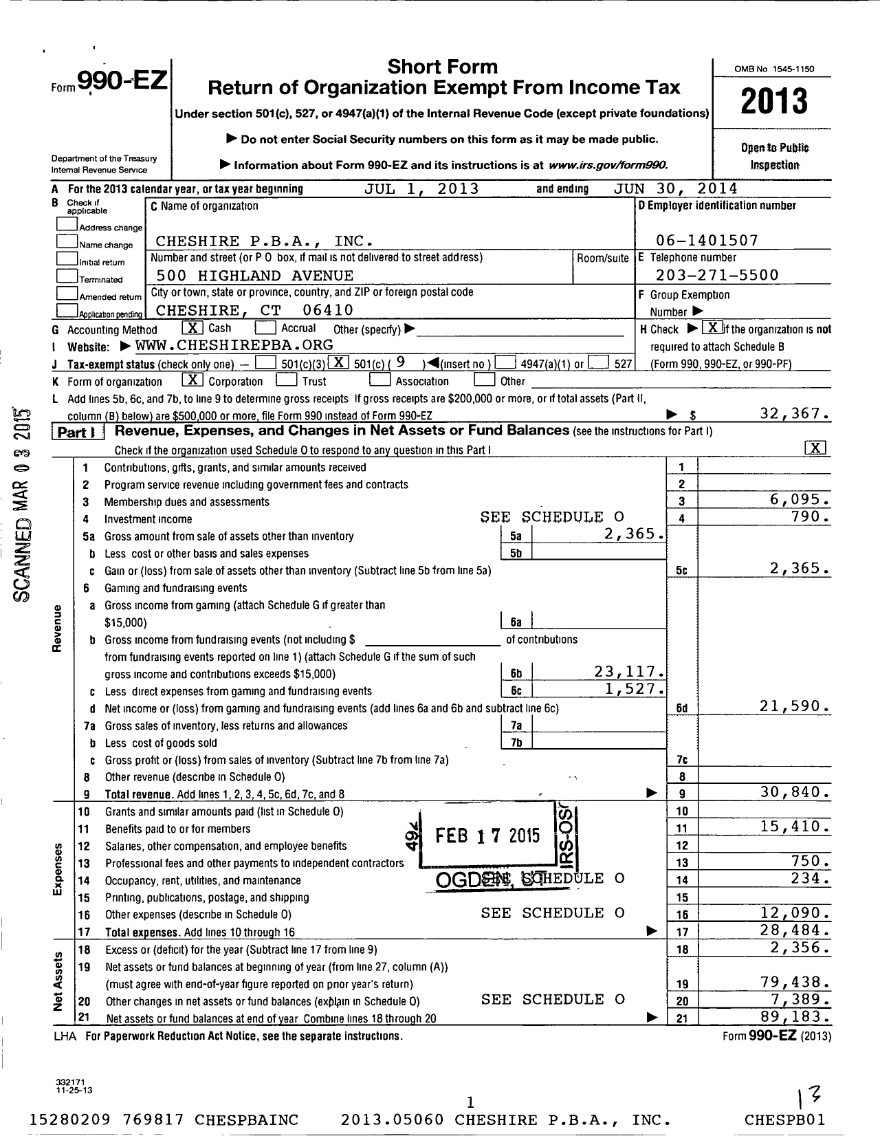 Image of first page of 2013 Form 990EO for Cheshire Police Benevolent Association