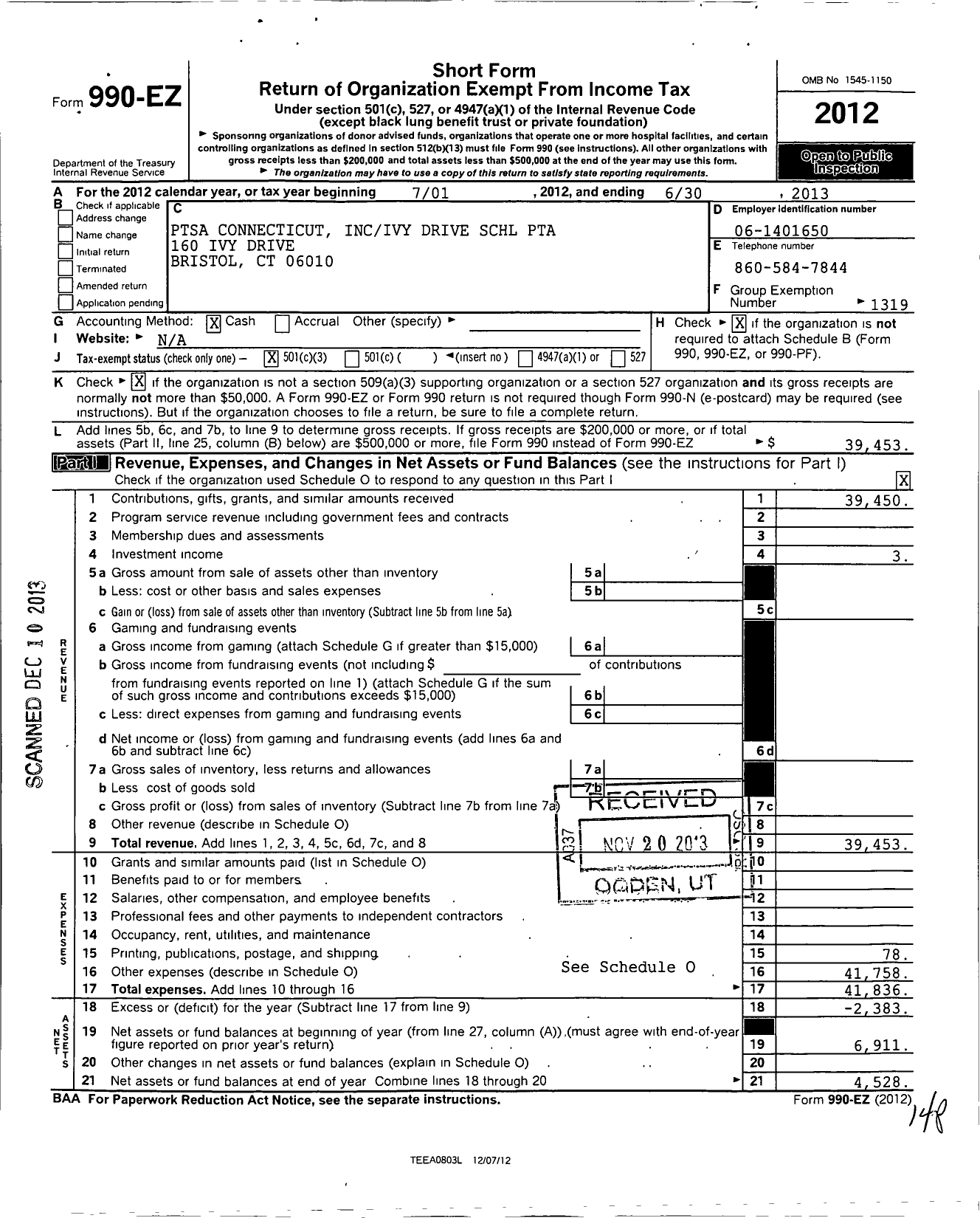 Image of first page of 2012 Form 990EZ for CT PTA - Ivy Drive School PTA