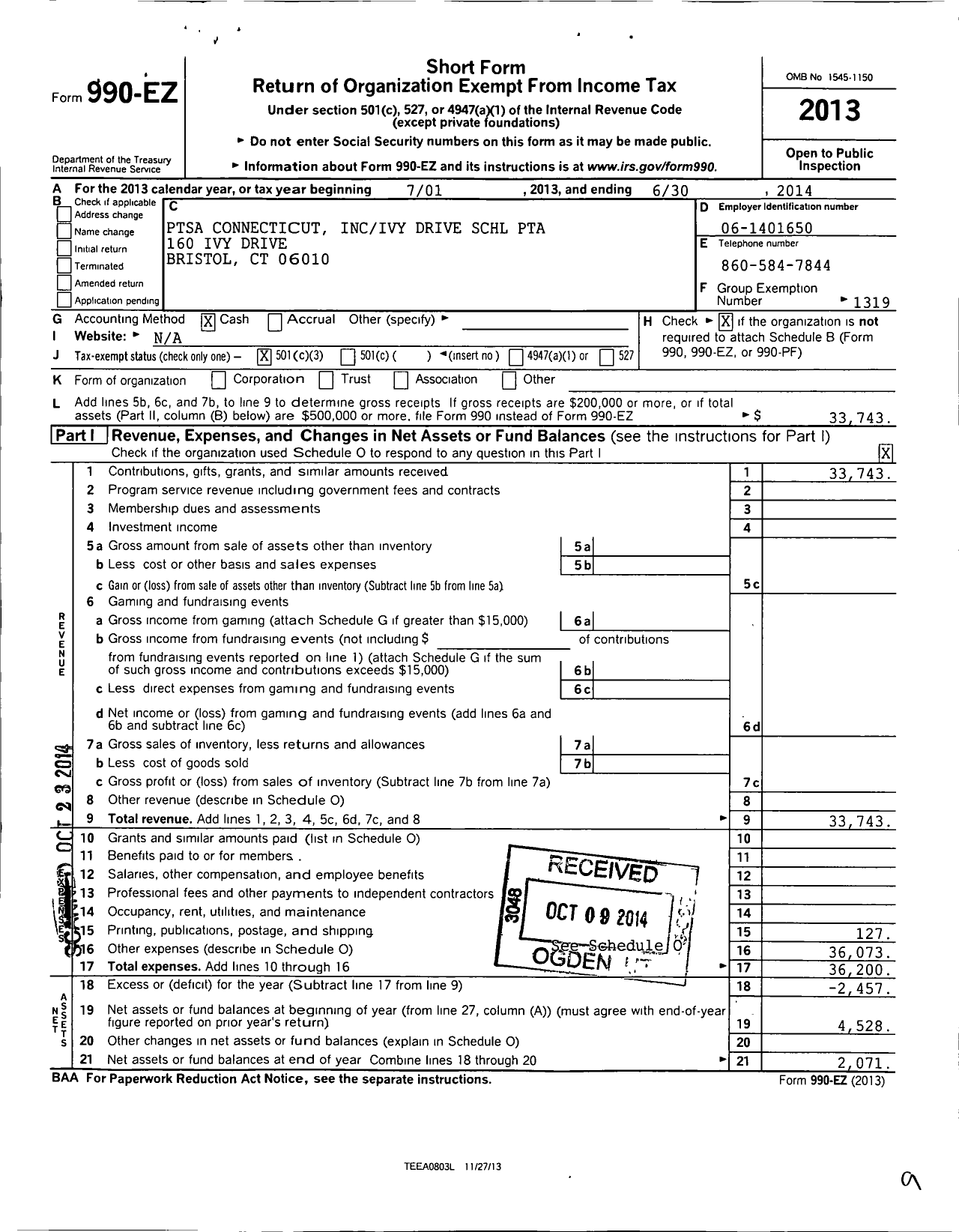 Image of first page of 2013 Form 990EZ for CT PTA - Ivy Drive School PTA