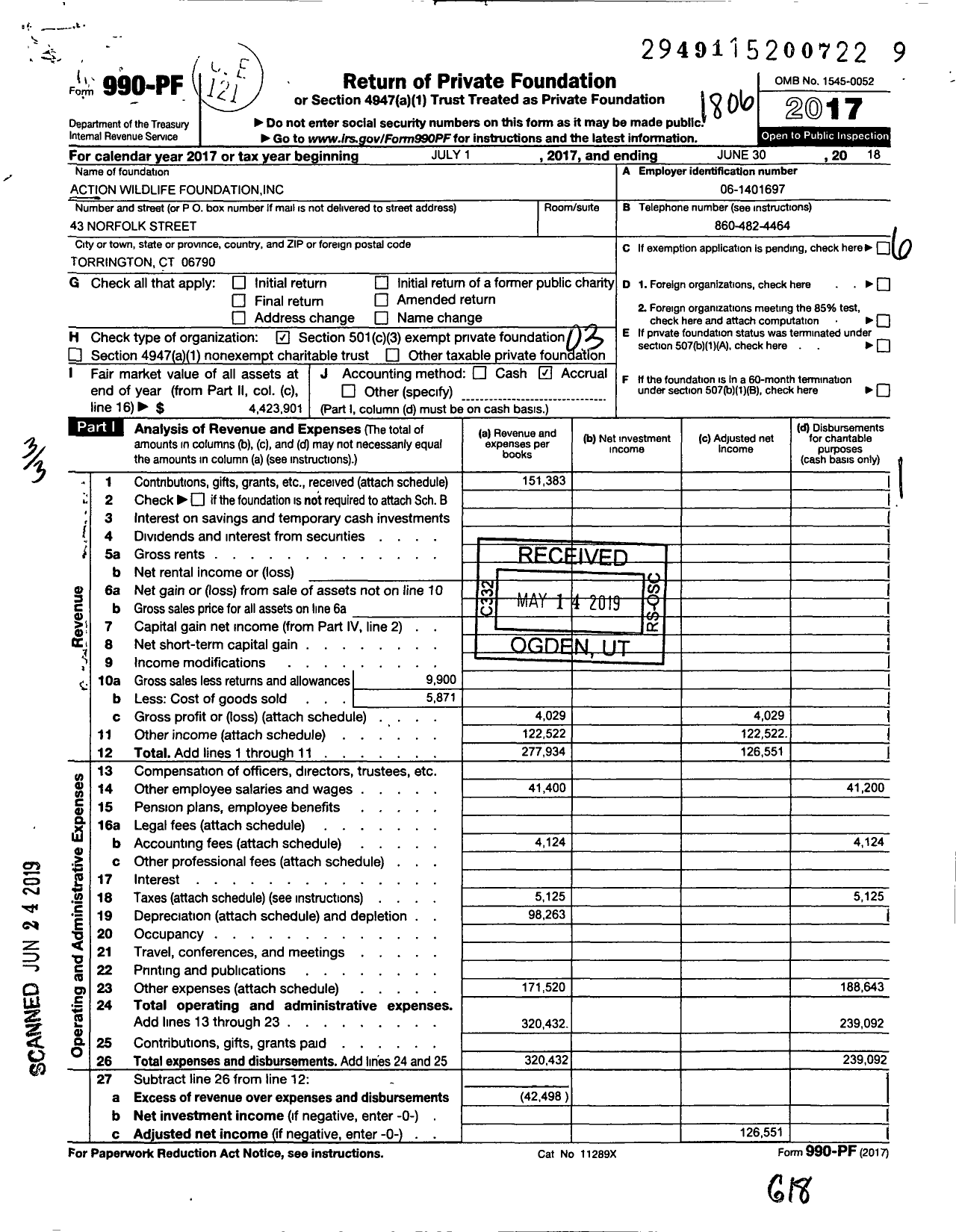 Image of first page of 2017 Form 990PF for Action Wildlife Foundation