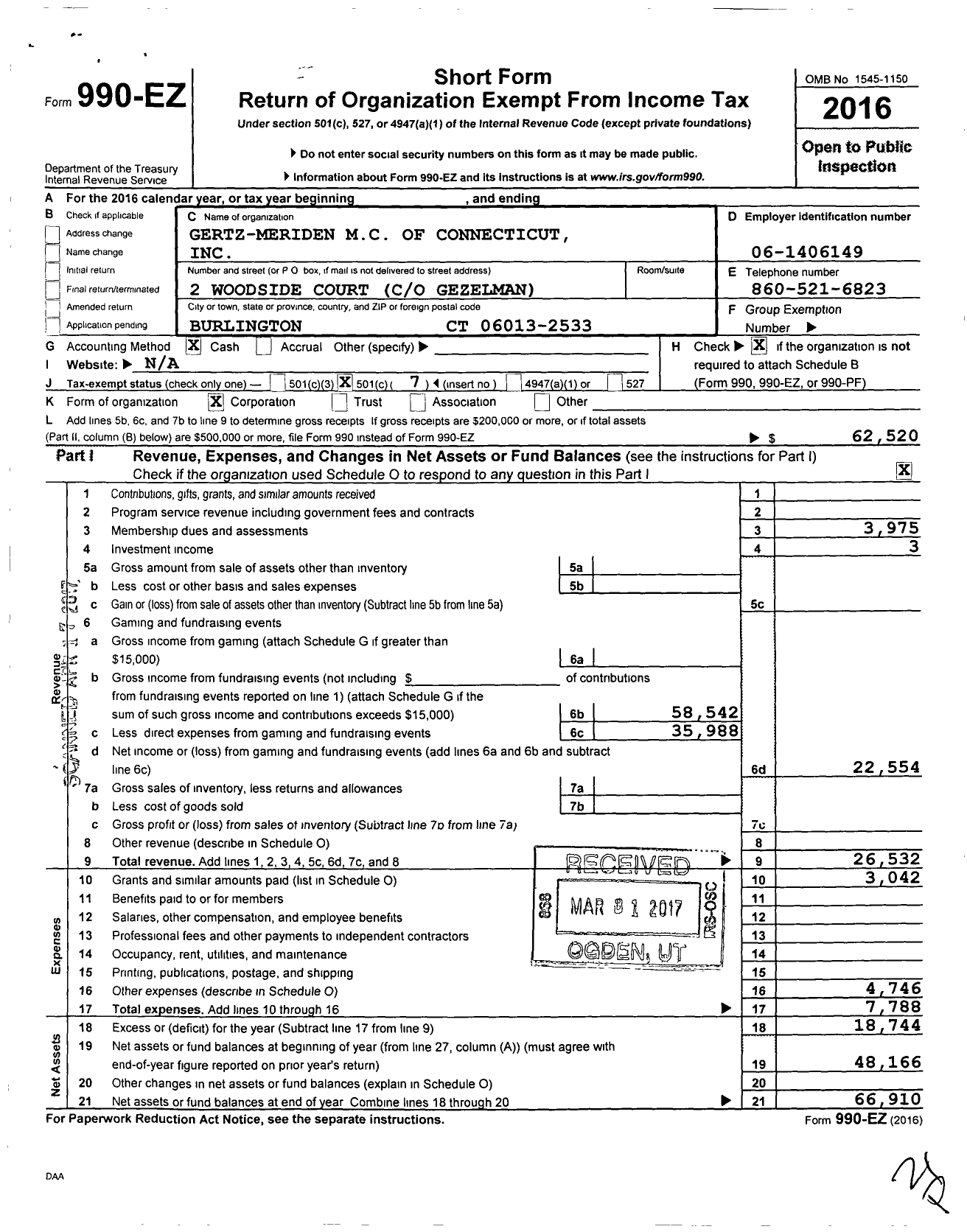 Image of first page of 2016 Form 990EO for Gertz Meriden M C of Connecticut