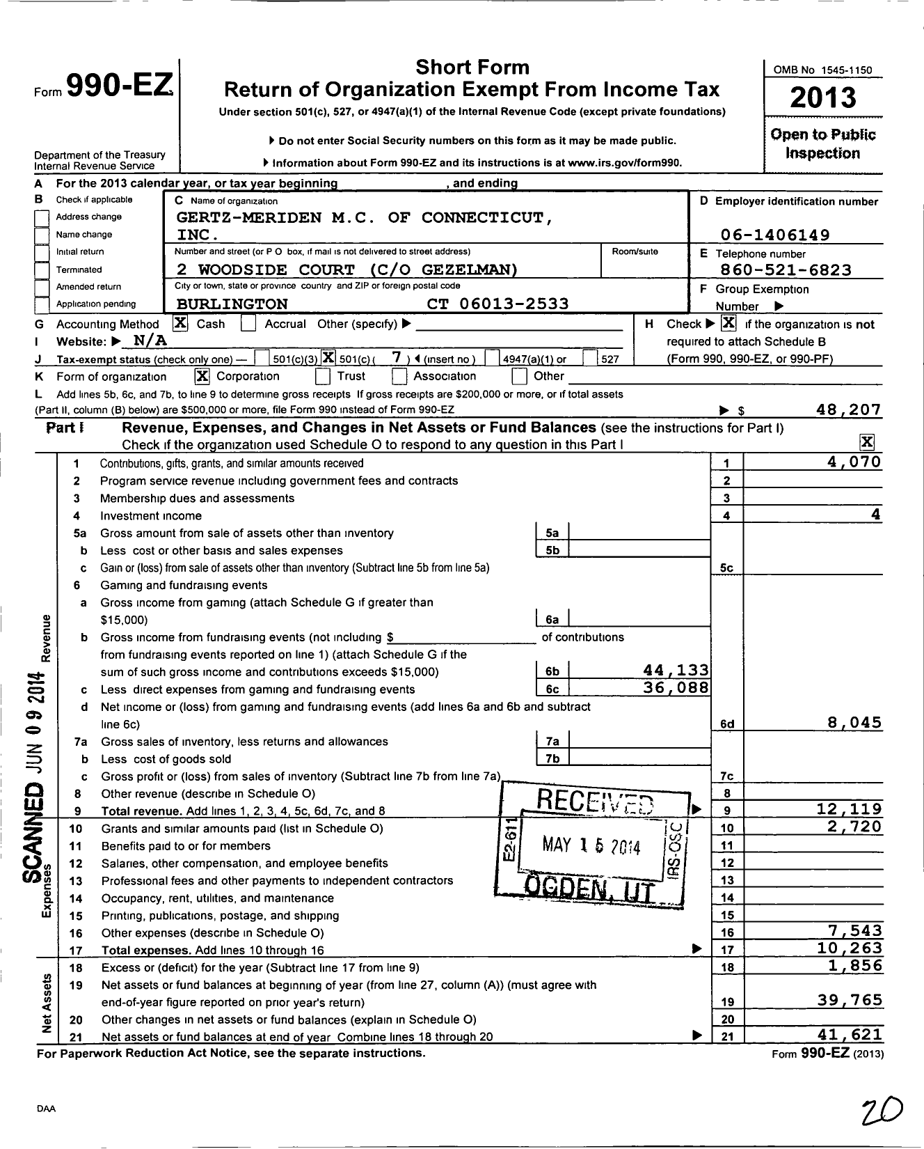 Image of first page of 2013 Form 990EO for Gertz Meriden M C of Connecticut