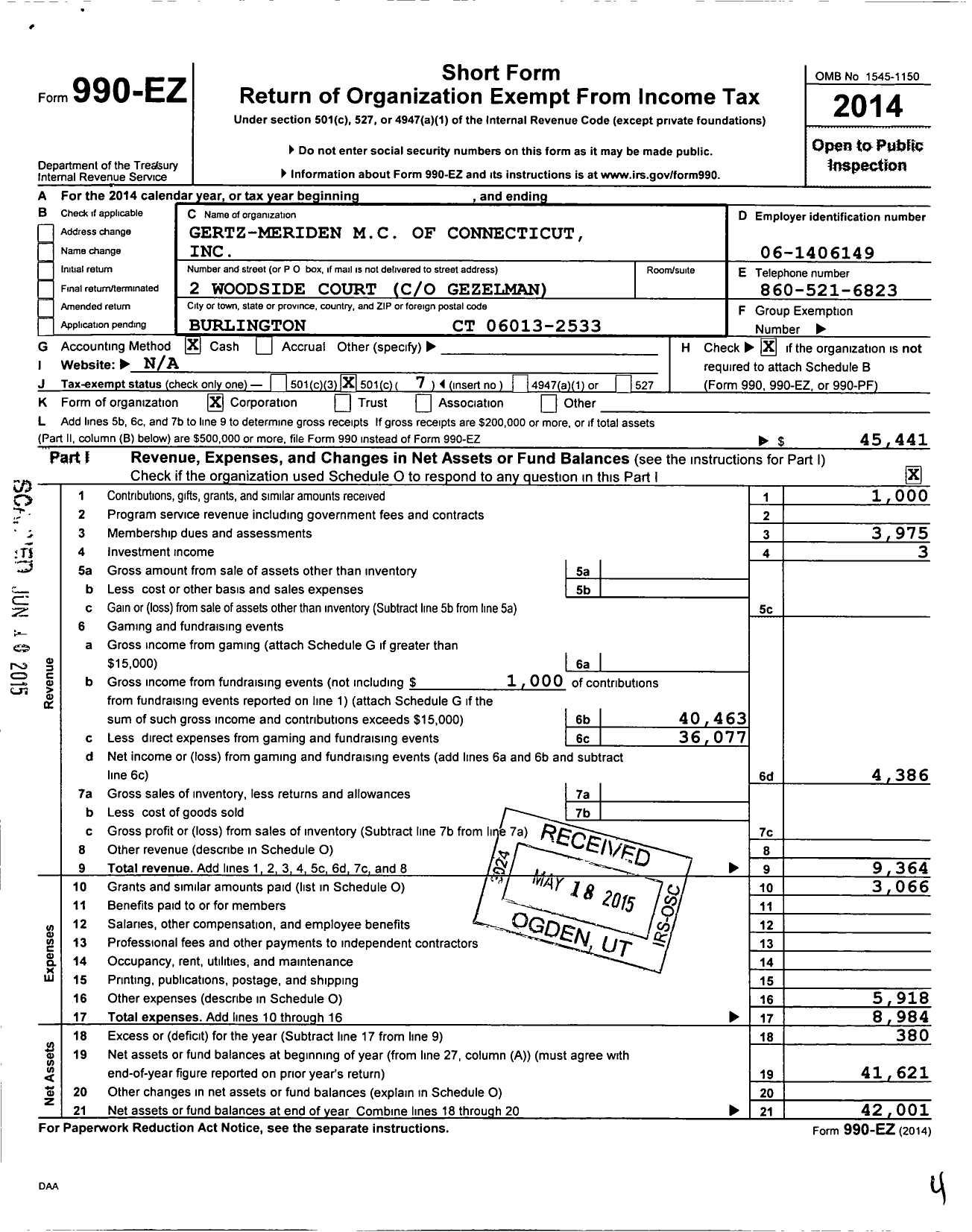 Image of first page of 2014 Form 990EO for Gertz Meriden M C of Connecticut