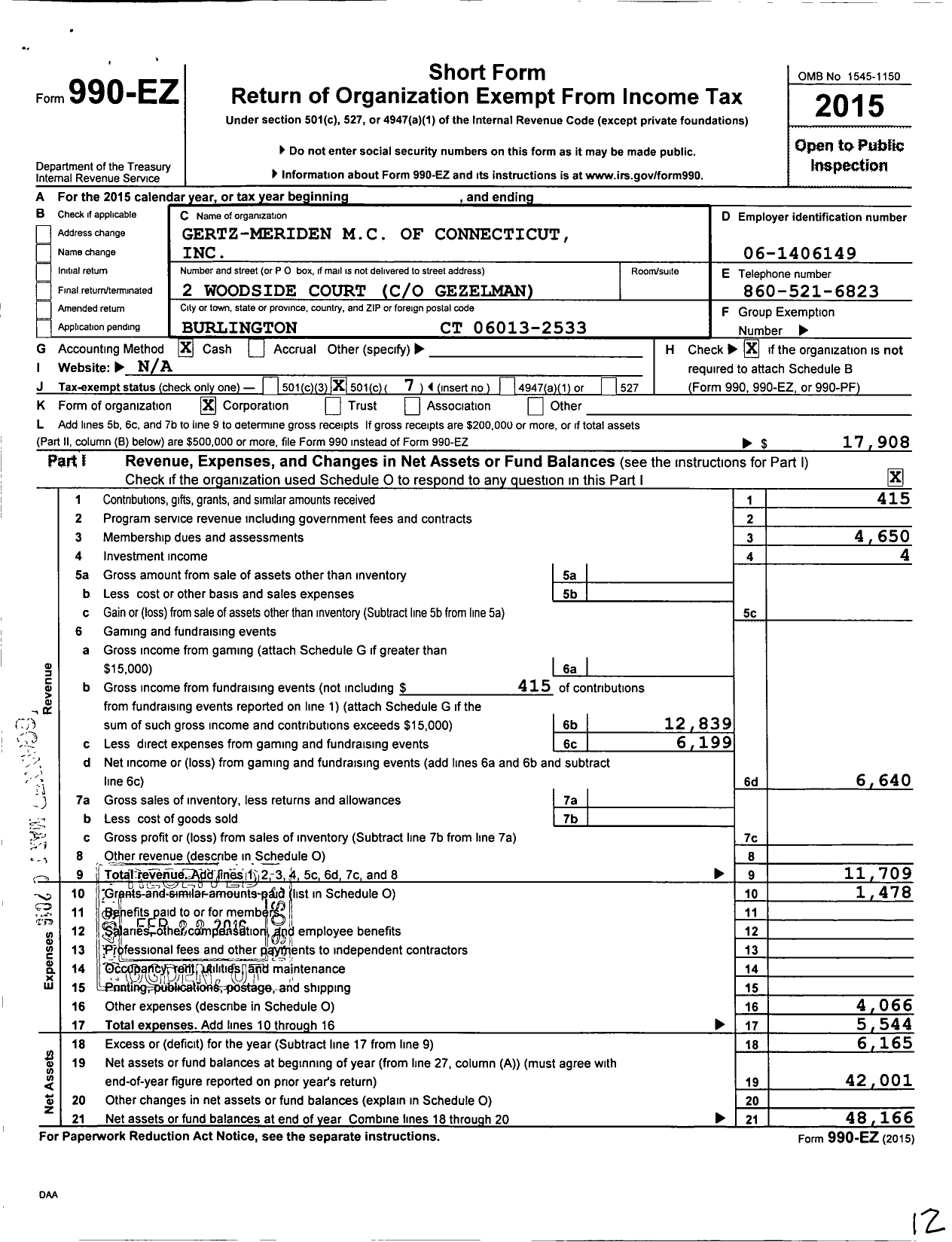 Image of first page of 2015 Form 990EO for Gertz Meriden M C of Connecticut