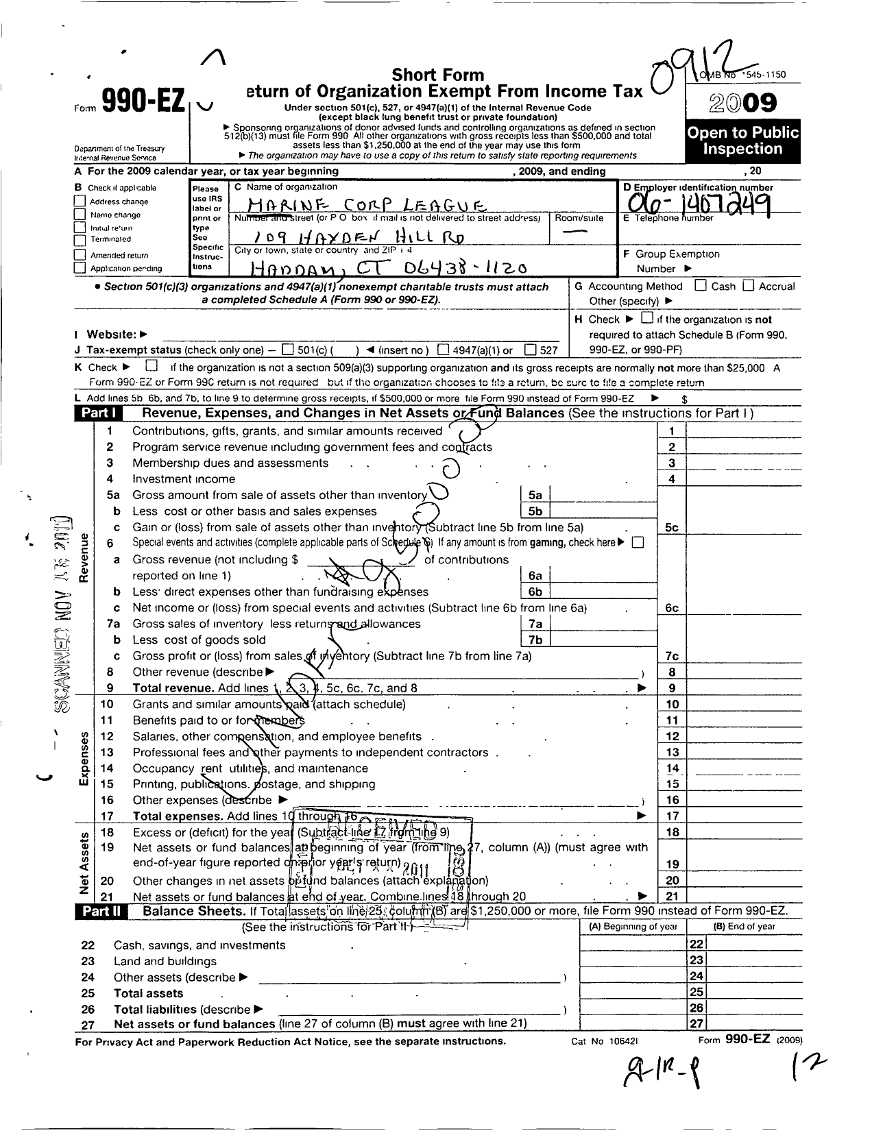 Image of first page of 2009 Form 990EO for Marine Corps League - 039 Middlesex County Det MCL