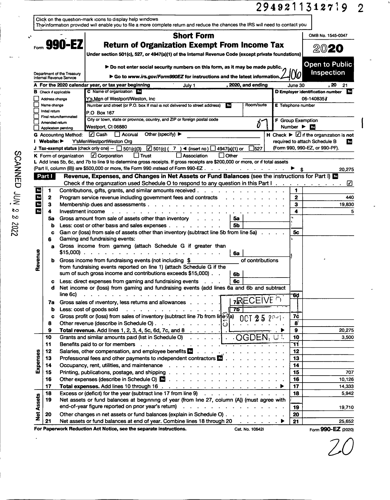 Image of first page of 2020 Form 990EO for Ys S Men of Westport Weston