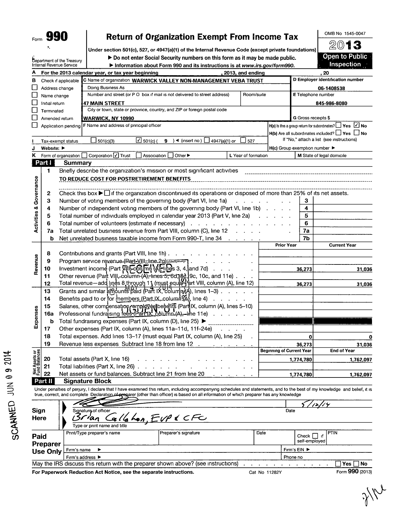 Image of first page of 2013 Form 990O for Warwick Valley Non-Management Veba Trust