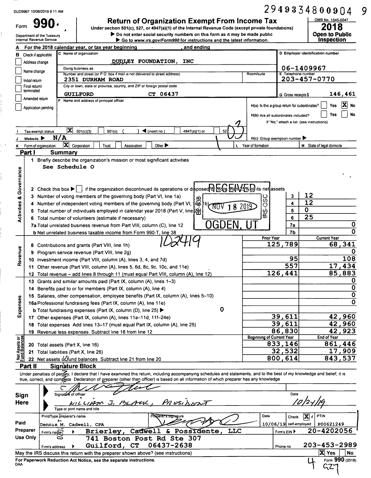 Image of first page of 2018 Form 990 for Dudley Foundation