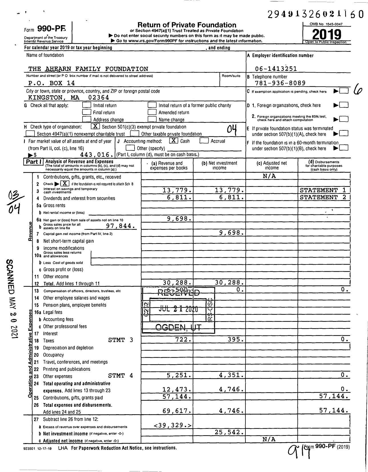 Image of first page of 2019 Form 990PF for The Ahearn Family Foundation