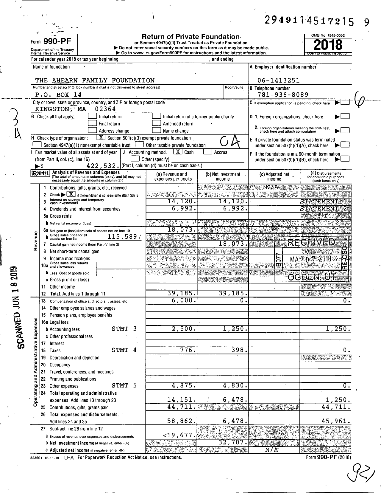 Image of first page of 2018 Form 990PF for The Ahearn Family Foundation